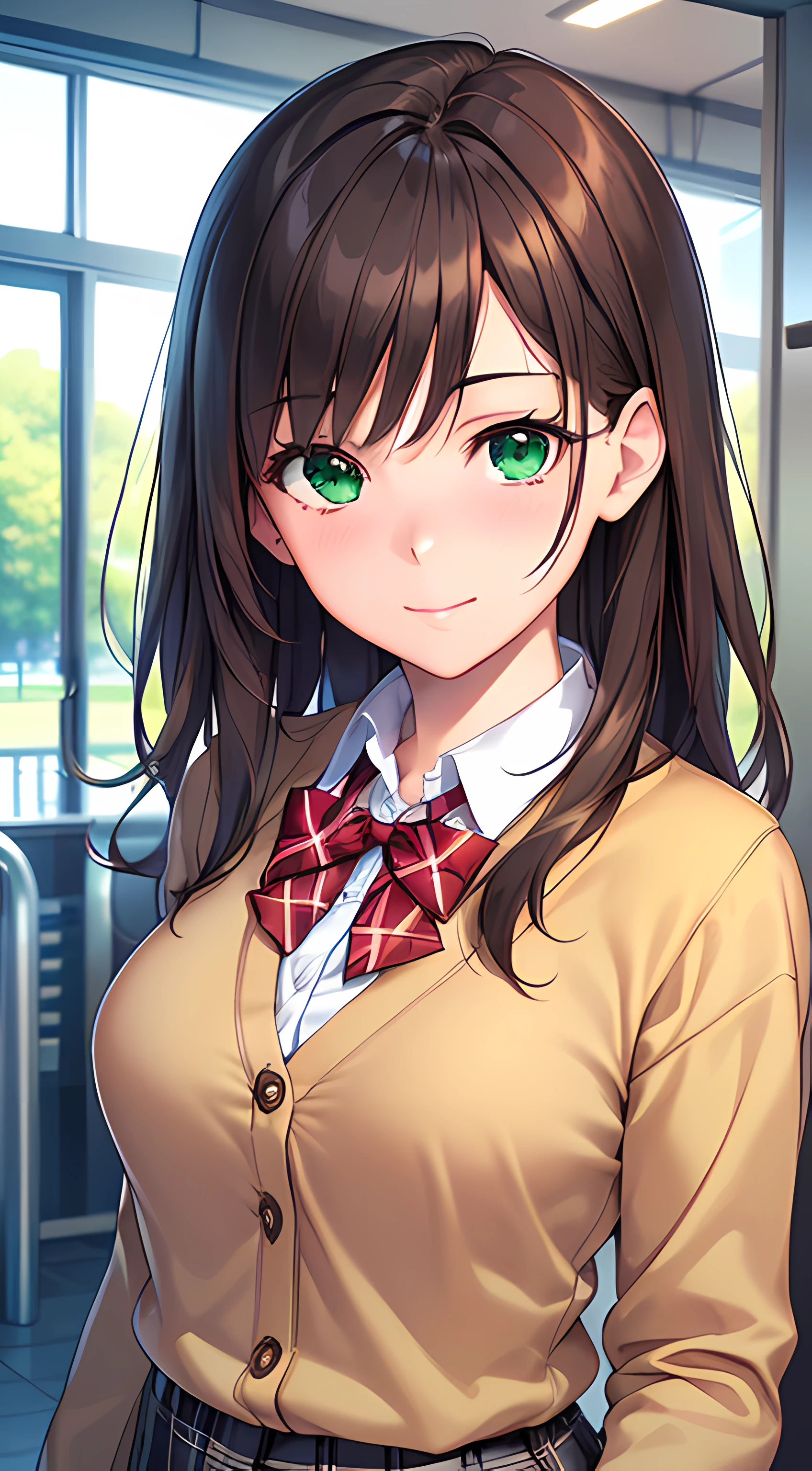 ((masterpiece, highest quality, High resolution, 超High resolution, Pixel perfect, Depth of written boundary, 4K, RTX, High resolution))), One girl, single, alone, Beautiful Anime Girls, Beautiful art style, Anime characters, ((Long Hair, bangs, Brown Hair, Curly Hair:0.8)), ((Green Eyes:1.4, Round eyes, Beautiful eyelashes, Realistic eyes)), ((Detailed face, Blushing:1.2)), ((Smooth texture:0.75, Realistic texture:0.65, Realistic:1.1, Anime CG Style)), Medium chest, Dynamic Angle, Perfect body, ((Portraiture, throw)), ((Red bow tie, , Black jacket, Open jacket, Brown cardigan, White shirt, Black Skirt, Checked skirt)), smile, amusement park