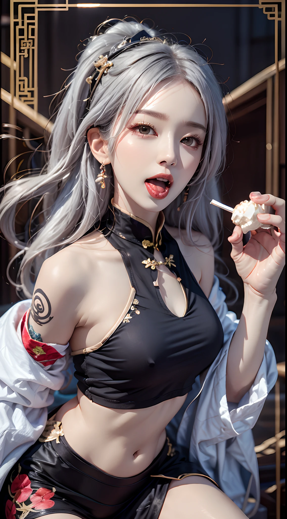 photorealistic, high resolution, 1women, mature female, solo, hips up, jewelry, tattoo, white hair, long hair, make up, red lips, cheongsam, chinese_clothes, licking cream, 1girl, open mouth, holding, food, tongue, tongue out, blurry, ice cream, ice cream cone