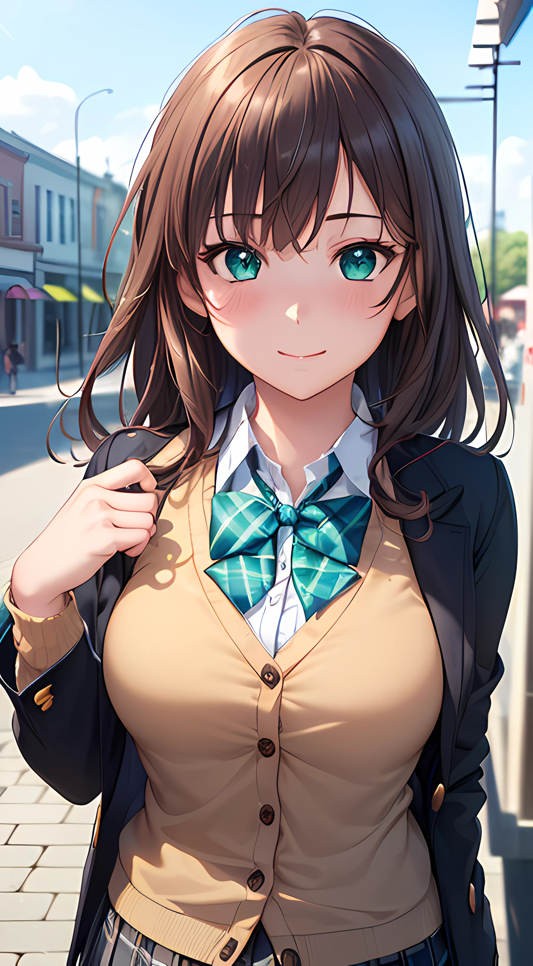 ((masterpiece, best quality, highres, UHD, perfect pixel, depth of field, 4k, RTX, HDR))), 1girl, single, solo, beautiful anime girl, beautiful artstyle, anime character, ((long hair, bangs, brown hair, curly hair:0.5)), ((green eyes:1.4, rounded eyes, beautiful eyelashes, realistic eyes)), ((detailed face, blushing:1.2)), ((smooth texture:0.75, realistic texture:0.65, photorealistic:1.1, anime CG style)), medium breasts, dynamic angle, perfect body, ((portrait, pov)), ((red bowtie, school uniform, black jacket, open jacket, brown cardigan, white shirt, black skirt, plaid skirt)), smile, hands up, amusement park