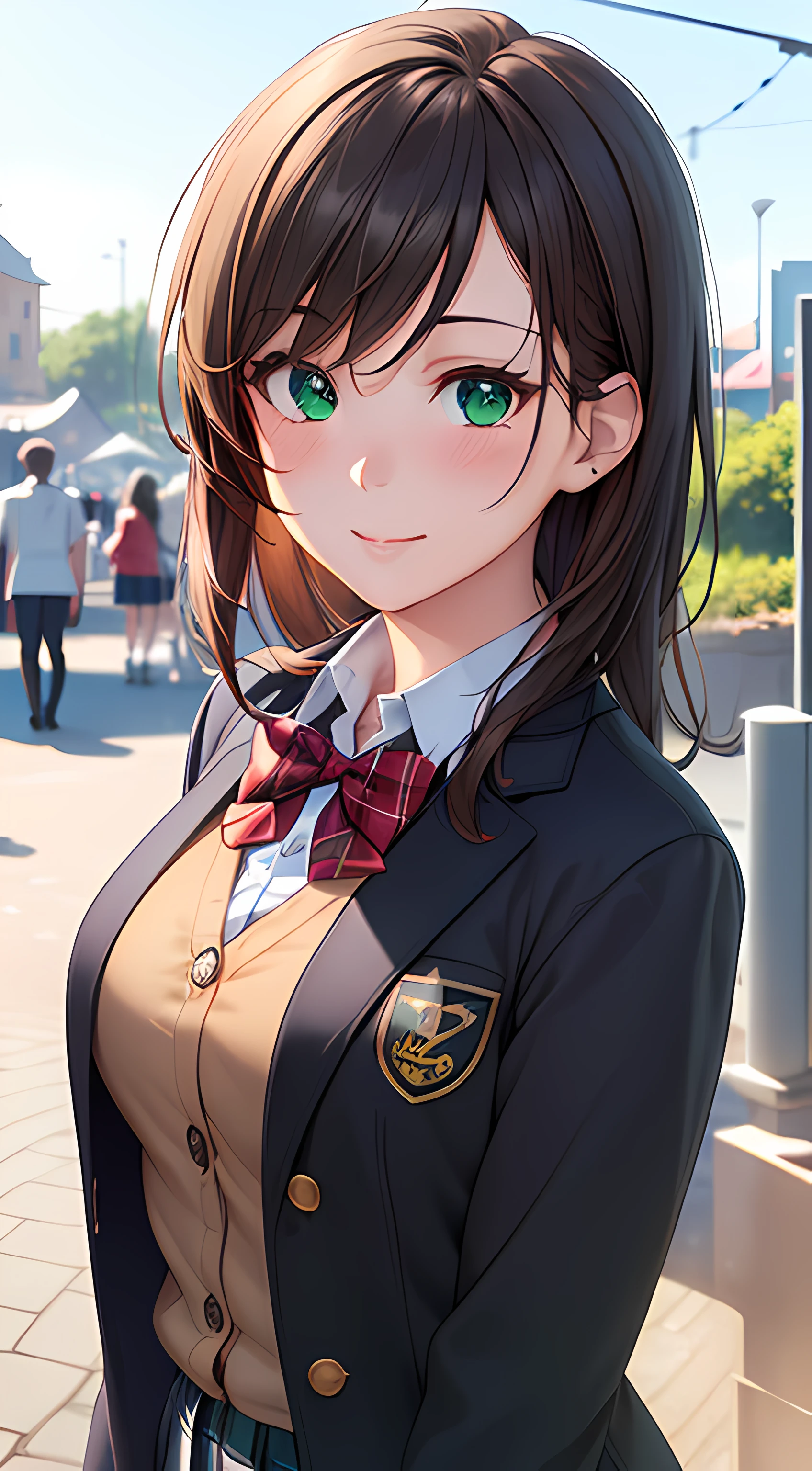 ((masterpiece, best quality, highres, UHD, perfect pixel, depth of field, 4k, RTX, HDR))), 1girl, single, solo, beautiful anime girl, beautiful artstyle, anime character, ((long hair, bangs, brown hair, curly hair:0.5)), ((green eyes:1.4, rounded eyes, beautiful eyelashes, realistic eyes)), ((detailed face, blushing:1.2)), ((smooth texture:0.75, realistic texture:0.65, photorealistic:1.1, anime CG style)), medium breasts, dynamic angle, perfect body, ((portrait, pov)), ((red bowtie, school uniform, black jacket, open jacket, brown cardigan, white shirt, black skirt, plaid skirt)), smile, hands up, amusement park