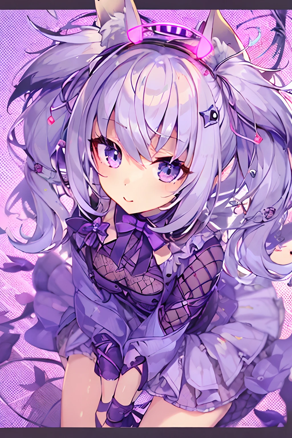 ​masterpiece、top-quality、 1 人、10 talents、(独奏)、Viewer Perspective、Bangs short、Fox ears、Fox Pose、Goth loless、fishnet tights、Middle chest, silber hair、bow ribbon、Long、Twin-tailed、Loliconailed eyes、The halo、Purple background、Purple Theme、Department of Landmines、