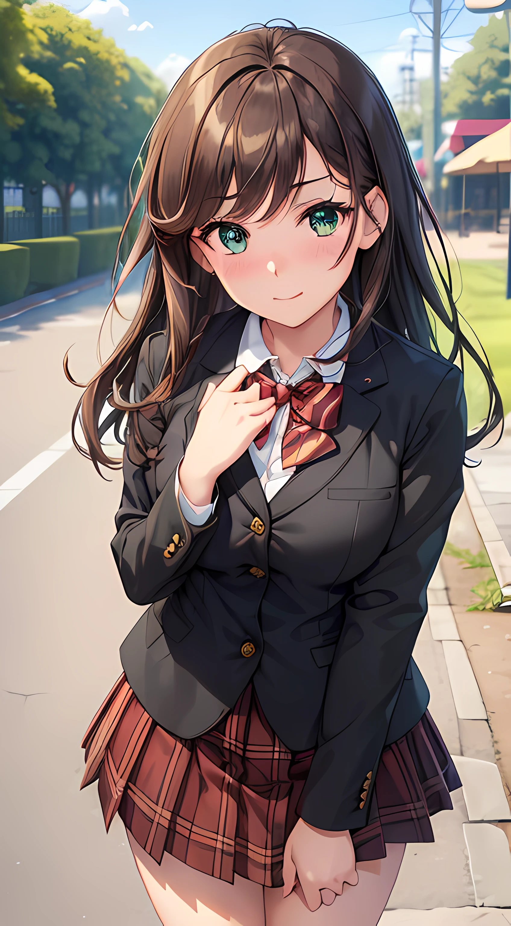 ((masterpiece, best quality, highres, UHD, perfect pixel, depth of field, 4k, RTX, HDR))), 1girl, single, solo, beautiful anime girl, beautiful artstyle, anime character, ((long hair, bangs, brown hair, curly hair:0.5)), ((green eyes:1.4, rounded eyes, beautiful eyelashes, realistic eyes)), ((detailed face, blushing:1.2)), ((smooth texture:0.75, realistic texture:0.65, photorealistic:1.1, anime CG style)), medium breasts, dynamic angle, perfect body, ((portrait, pov)), ((red bowtie, school uniform, black jacket, open jacket, brown cardigan, white shirt, black skirt, plaid skirt)), smile, ((hands up, hand touches cheek)), amusement park