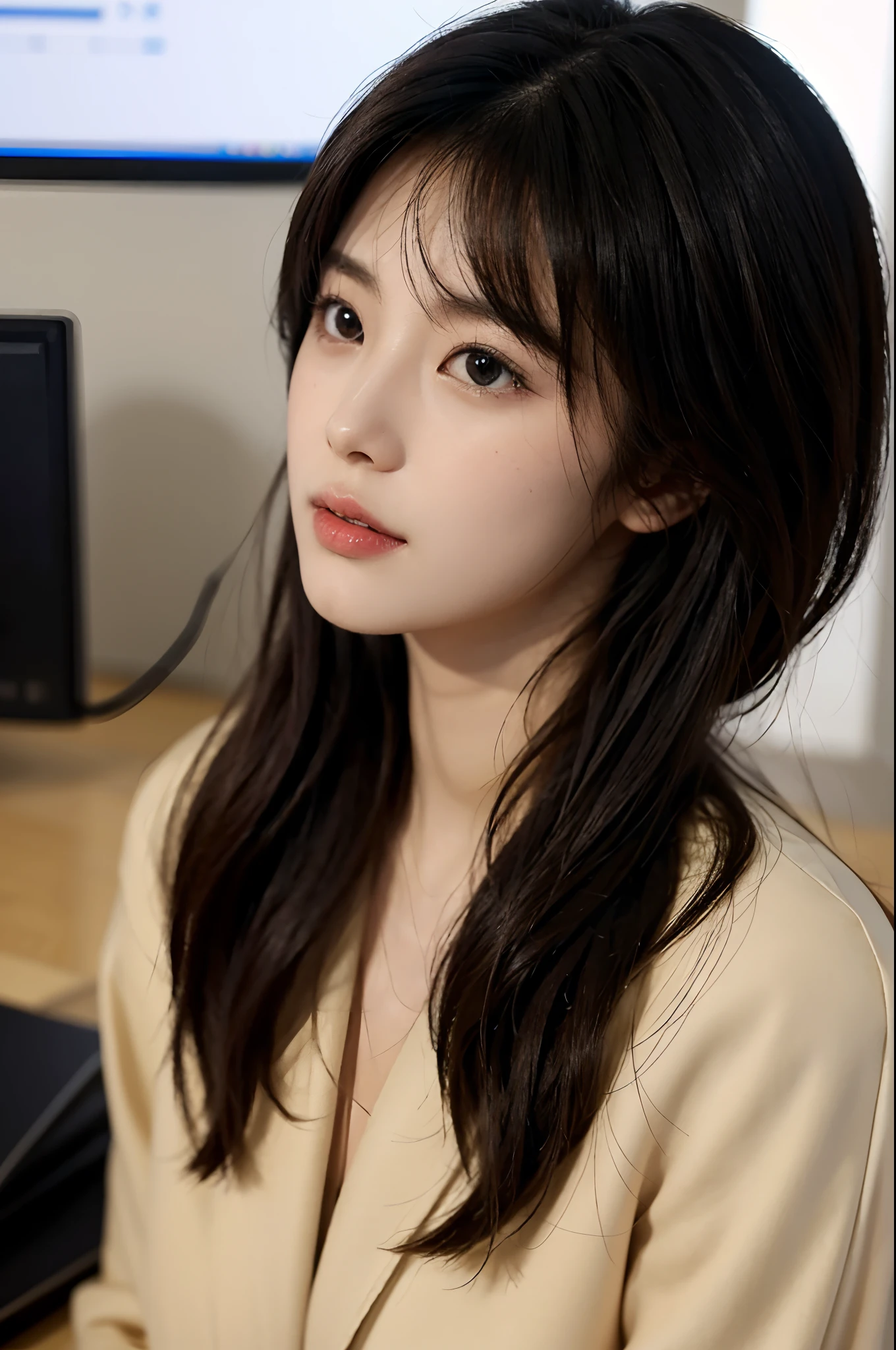 High-res, Realistic portrait of professional korean office lady with perfect skin,Professional suits,Women's suits,stand posture,The upper part of the body,Women in the workplace,Show confidence and maturity, Surrounded by a modern corporate environment, Vibrant and naturally lit highlights. The artwork should emphasize her elegant facial features, Including charming long eyes, Fluttering eyelashes and seductive lips. The scene should be enhanced with elements of professionalism and visual appeal,For example, Stylish work desk, Mainframe computers, High-resolution display, and complex stationery. The overall tone should be warm and professional, Has a soft and natural color palette. The artwork should exude a sense of professionalism, Success, and cultural pride,The background is blurred out