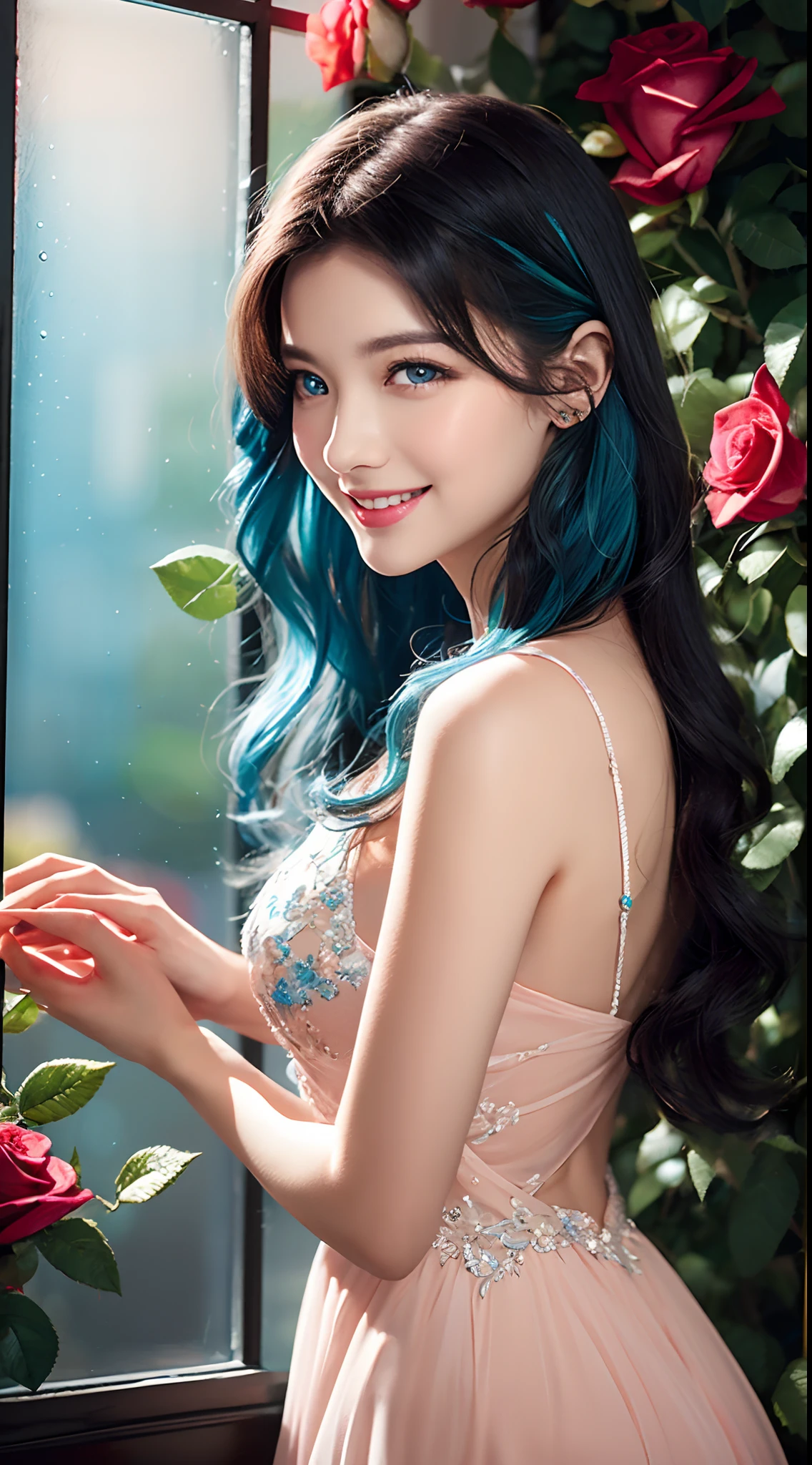 (Best quality,16k,A high resolution,Stained glass painting),Ultra-detailed,Realistic:1.37,Blue wavy hair,Bright hair,(Blue eyes,Reflective pupils),Pink plump lips,seduct smile,(Decorate the dress with roses),Fair complexion,