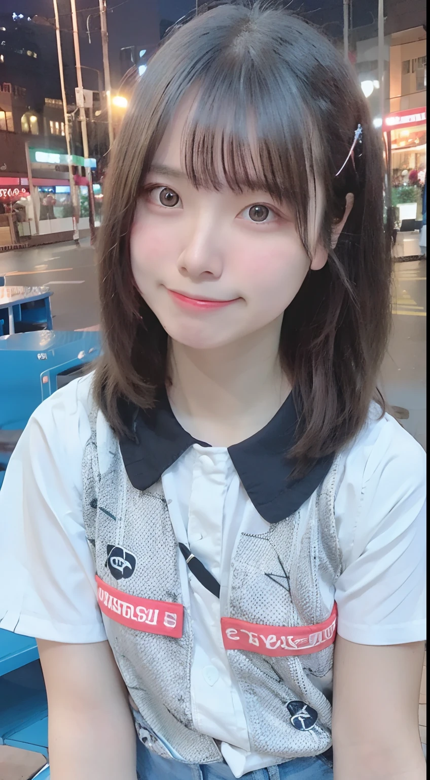 Best Quality, 18year old, Teen, Raw photo, Smile, Night, neons, Idol face, Delicate girl, Upper body, Digital SLR, Looking at Viewer, Candid, Sophisticated, Thin arms, Professional Lighting,, chromatic abberation, (Eyes and faces with detailed:1.0), (Bokeh:1.1)