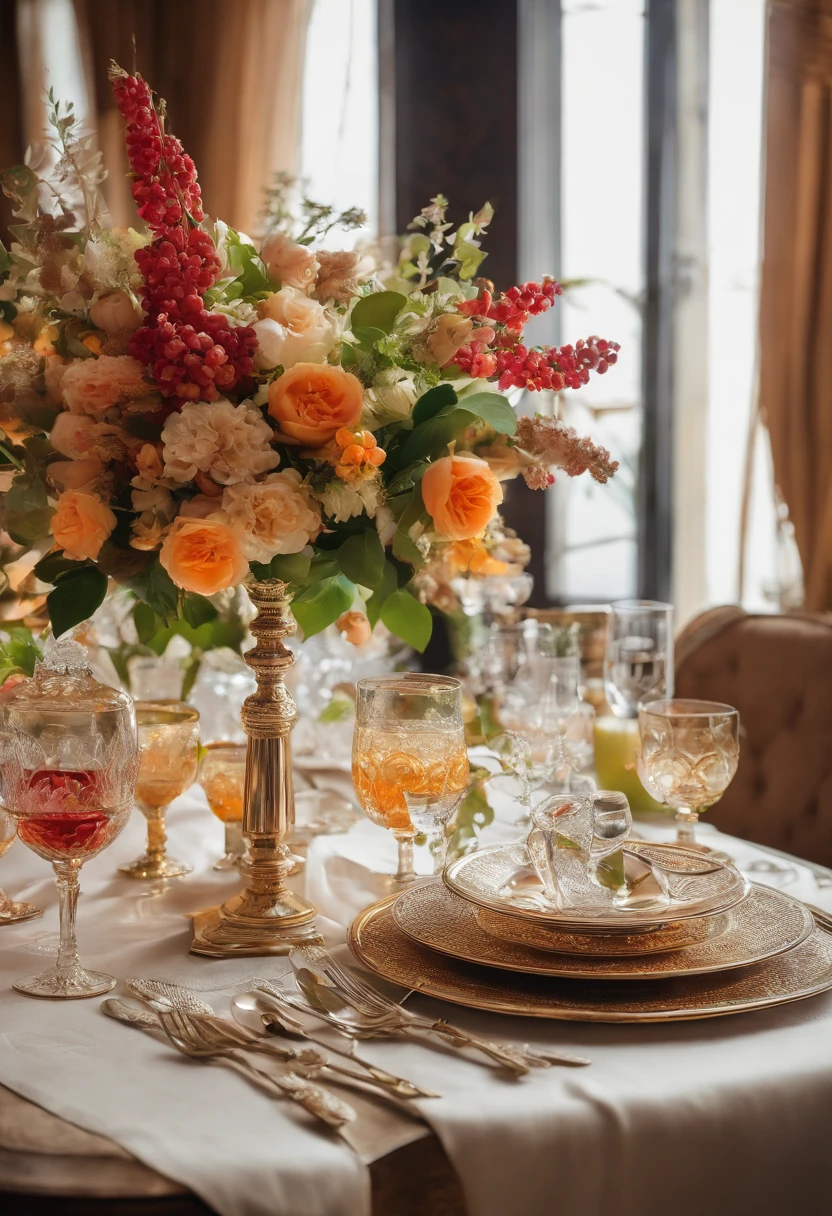 (Best quality,4K,8K,A high resolution,Masterpiece:1.2),Ultra-detailed,Amazingly beautiful table set,Delicate flower arrangement,Natural lighting,Golden candlelight,Soft and warm color palette,Inviting atmosphere,Homely,Simple and elegant,Harmonious composition,Meticulous attention to detail,subtletextures,Tastefully furnished,Translucent glassware,Delicious fresh fruit,Crystal clear water droplets on the fruit,Crispy and juicy,Refreshing,Lovely scent of flowers and fruits,Exquisite porcelain dinner plate,Smooth and glossy surface,Vintage silverware,Exquisite and gorgeous design,Romantic and cozy atmosphere,Relaxing and comfortable,serenity and calm,Healthy and inviting,Elegant pleats and curtains,Rich brown color,Subtle shadows and highlights,soft natural lighting,A soothing and peaceful atmosphere,A central ornament made of vibrant seasonal flowers,Delicate buds and flowers,a faint fragrance in the air,The petals are beautifully arranged,Soft and natural texture,A warm and inviting color palette,Authentic and rustic elements,Crimson wine,Crystal clear wine glasses,Bubbles that surface,Candlelight reflection,glittery,Cleavage is seductive,Green leaves and green leaves,Add a touch of freshness and nature,Lovely contrast between greenery and fruit,Symbolizes abundance and vitality,A feast for the senses.in a panoramic view,deep colour