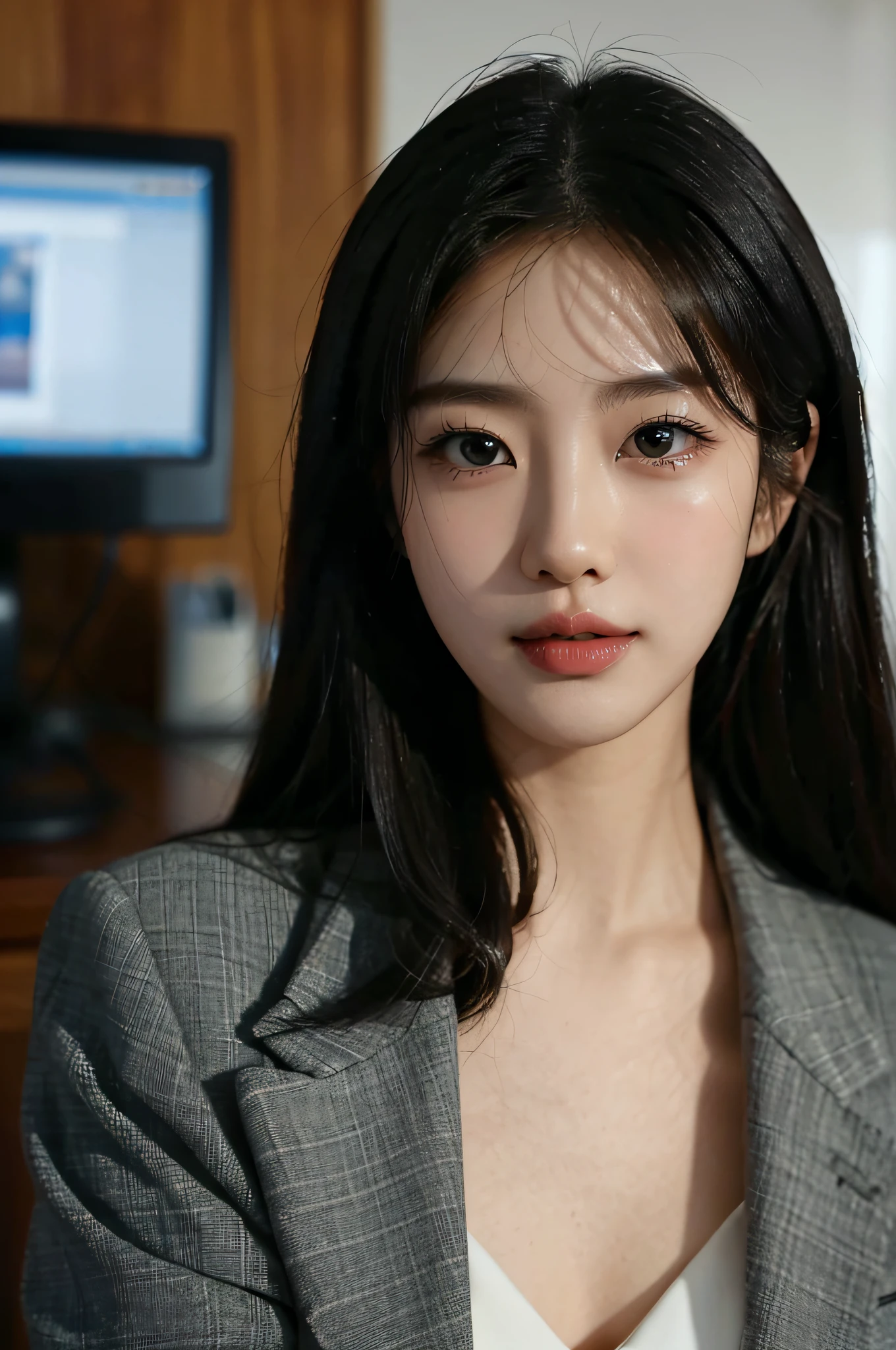 High-res, Realistic portrait of professional korean office lady with perfect skin,Professional suits,Women's suits,stand posture,The upper part of the body,Women in the workplace,Show confidence and maturity, Surrounded by a modern corporate environment, Vibrant and naturally lit highlights. The artwork should emphasize her elegant facial features, Including charming long eyes, Fluttering eyelashes and seductive lips. The scene should be enhanced with elements of professionalism and visual appeal,For example, Stylish work desk, Mainframe computers, High-resolution display, and complex stationery. The overall tone should be warm and professional, Has a soft and natural color palette. The artwork should exude a sense of professionalism, Success, and cultural pride,The background is blurred out