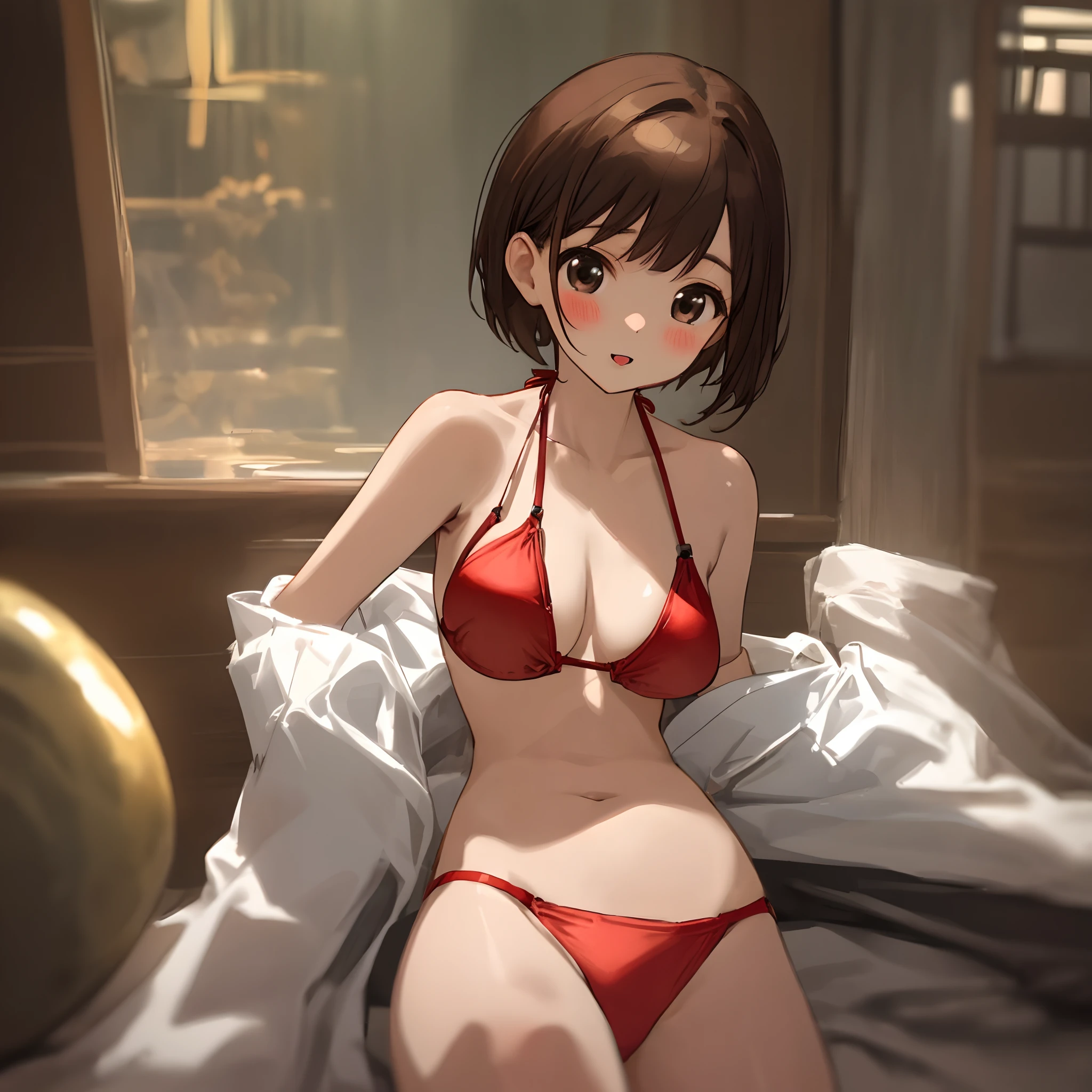 metalic、red bikini、g-cup、A Japanese Lady、A sexy、a 、Brown hair、short-cut