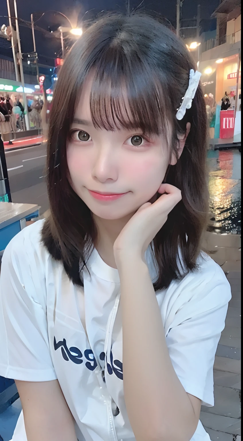 Best Quality, 18year old, , Raw photo, Smile, Night, neons, Idol face, Delicate girl, Upper body, Digital SLR, Looking at Viewer, Candid, Sophisticated, Thin arms, Professional Lighting,, chromatic abberation, (Eyes and faces with detailed:1.0), (Bokeh:1.1)