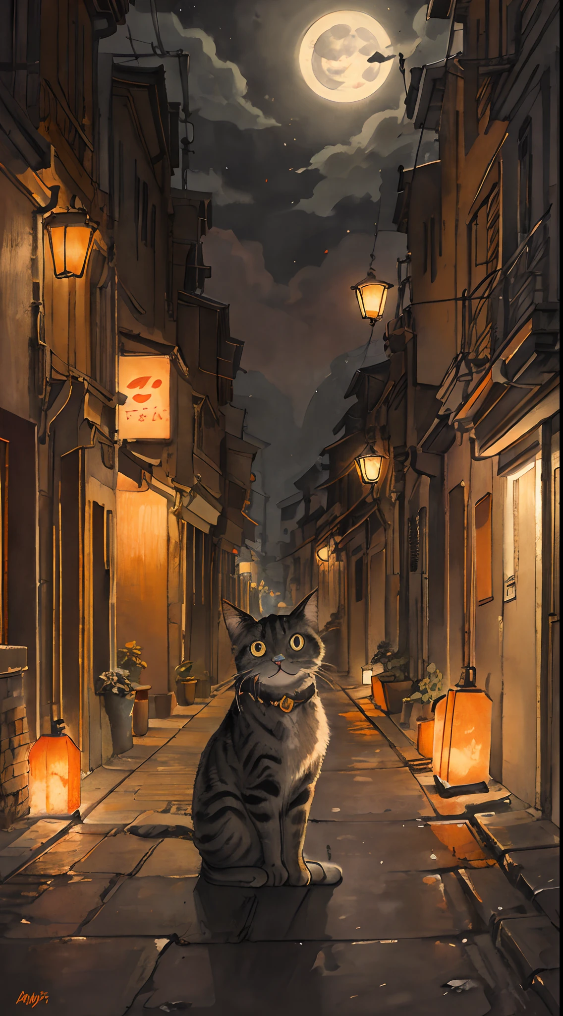 cat,orange,cute,big eyes,masterpiece,full moon,alley