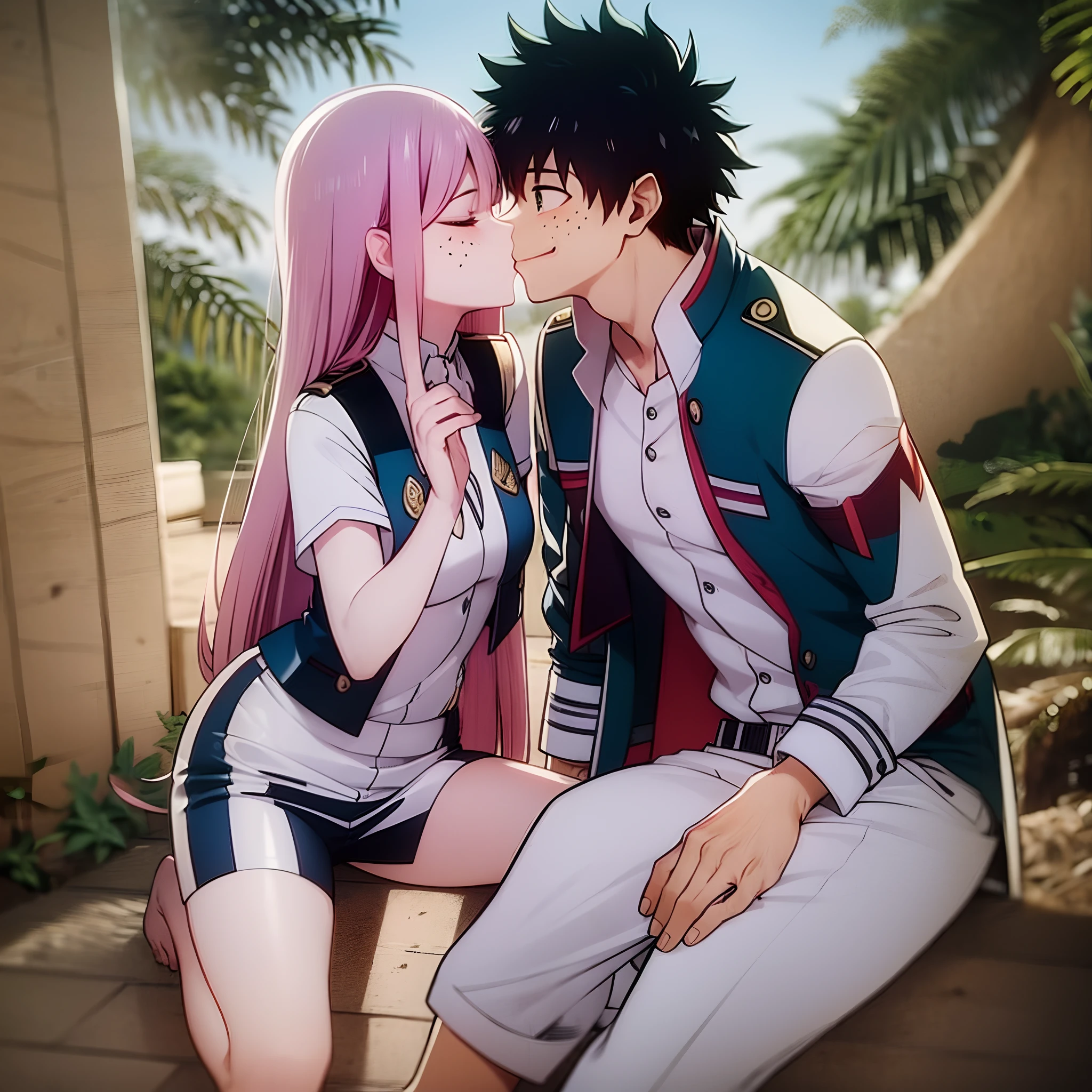 zero two, 1girl, zero two naked_shirt,vest_print:, izuku from bnha, izuku and zero two being a lovey dovey couple very affective in a beach, izuku with pants and pullover, love , happy, ,1girl,, ,sitting, standing, french kiss, kissing, 1boy, couple, husband and wife