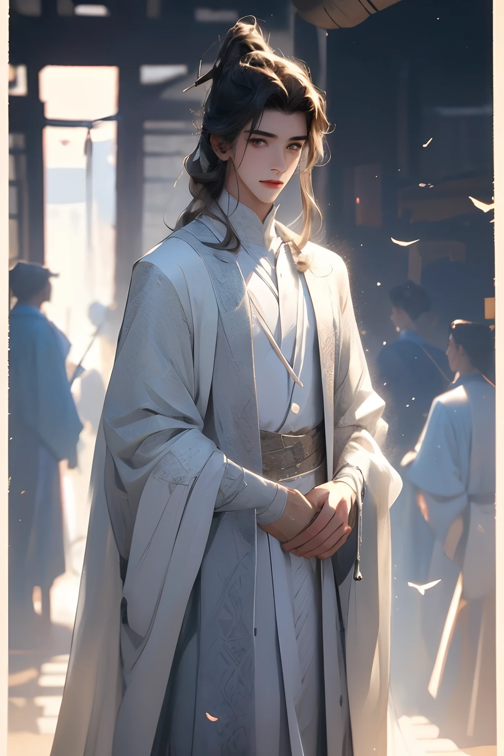 (A man dressed in white)(Handsome looking)(A plaque hangs in the attic)(period costume)(20yr old)(ssmile)(Eyes narrowed slightly)(Full body appearance)(The background stands at the attic gate)