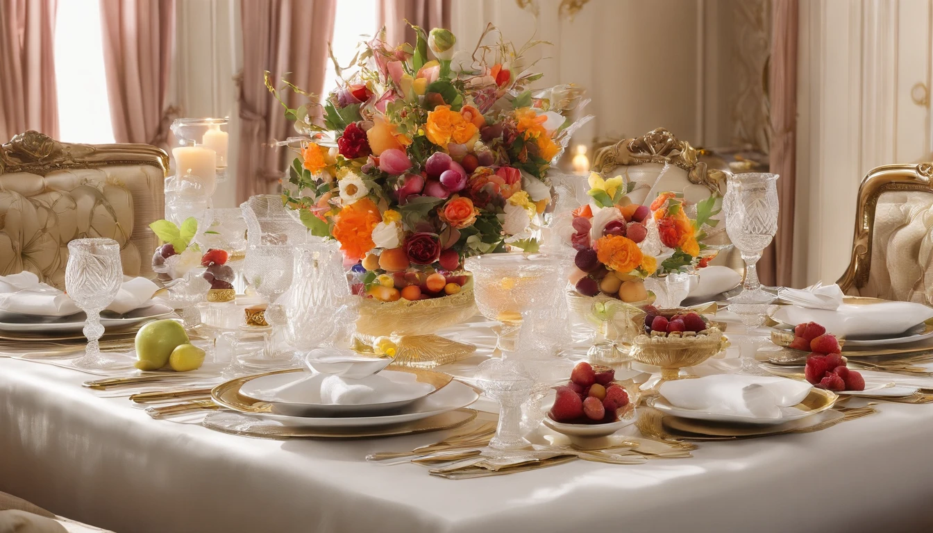 (Best quality,4K,8K,A high resolution,Masterpiece:1.2),Ultra-detailed,Amazingly beautiful table set,Delicate flower arrangement,Natural lighting,Golden candlelight,Soft and warm color palette,Inviting atmosphere,Homely,Simple and elegant,Harmonious composition,Meticulous attention to detail,subtletextures,Tastefully furnished,Translucent glassware,Delicious fresh fruit,Crystal clear water droplets on the fruit,Crispy and juicy,Refreshing,Lovely scent of flowers and fruits,Exquisite porcelain dinner plate,Smooth and glossy surface,Vintage silverware,Exquisite and gorgeous design,Romantic and cozy atmosphere,Relaxing and comfortable,serenity and calm,Healthy and inviting,Elegant pleats and curtains,Rich brown color,Subtle shadows and highlights,soft natural lighting,A soothing and peaceful atmosphere,A central ornament made of vibrant seasonal flowers,Delicate buds and flowers,a faint fragrance in the air,The petals are beautifully arranged,Soft and natural texture,A warm and inviting color palette,Authentic and rustic elements,Crimson wine,Crystal clear wine glasses,Bubbles that surface,Candlelight reflection,glittery,Cleavage is seductive,Green leaves and green leaves,Add a touch of freshness and nature,Lovely contrast between greenery and fruit,Symbolizes abundance and vitality,A feast for the senses.in a panoramic view,deep colour