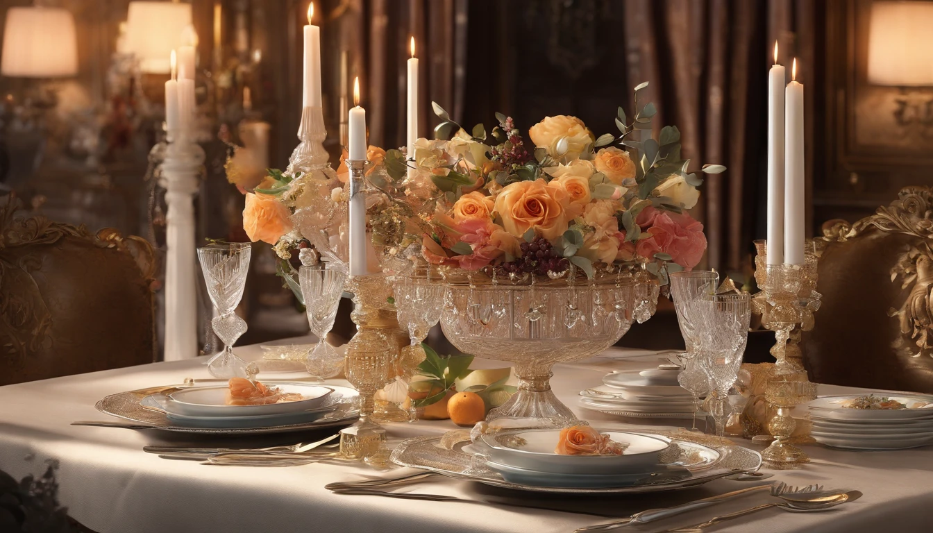 (Best quality,4K,8K,A high resolution,Masterpiece:1.2),Ultra-detailed,Amazingly beautiful table set,Delicate flower arrangement,Natural lighting,Golden candlelight,Soft and warm color palette,Inviting atmosphere,Homely,Simple and elegant,Harmonious composition,Meticulous attention to detail,subtletextures,Tastefully furnished,Translucent glassware,Delicious fresh fruit,Crystal clear water droplets on the fruit,Crispy and juicy,Refreshing,Lovely scent of flowers and fruits,Exquisite porcelain dinner plate,Smooth and glossy surface,Vintage silverware,Exquisite and gorgeous design,Romantic and cozy atmosphere,Relaxing and comfortable,serenity and calm,Healthy and inviting,Elegant pleats and curtains,Rich brown color,Subtle shadows and highlights,soft natural lighting,A soothing and peaceful atmosphere,A central ornament made of vibrant seasonal flowers,Delicate buds and flowers,a faint fragrance in the air,The petals are beautifully arranged,Soft and natural texture,A warm and inviting color palette,Authentic and rustic elements,Crimson wine,Crystal clear wine glasses,Bubbles that surface,Candlelight reflection,glittery,Cleavage is seductive,Green leaves and green leaves,Add a touch of freshness and nature,Lovely contrast between greenery and fruit,Symbolizes abundance and vitality,A feast for the senses.in a panoramic view,deep colour