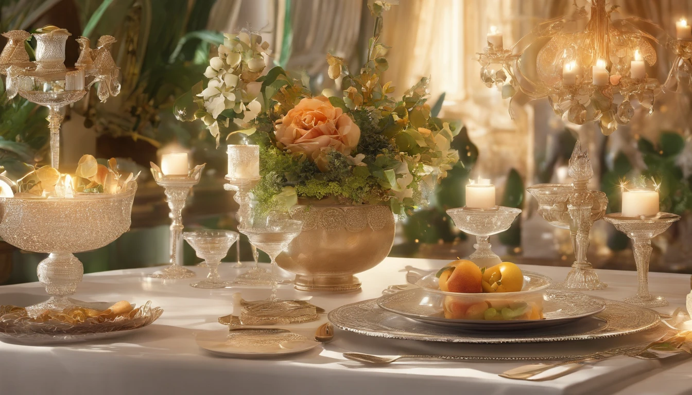 (Best quality,4K,8K,A high resolution,Masterpiece:1.2),Ultra-detailed,Amazingly beautiful table set,Delicate flower arrangement,Natural lighting,Golden candlelight,Soft and warm color palette,Inviting atmosphere,Homely,Simple and elegant,Harmonious composition,Meticulous attention to detail,subtletextures,Tastefully furnished,Translucent glassware,Delicious fresh fruit,Crystal clear water droplets on the fruit,Crispy and juicy,Refreshing,Lovely scent of flowers and fruits,Exquisite porcelain dinner plate,Smooth and glossy surface,Vintage silverware,Exquisite and gorgeous design,Romantic and cozy atmosphere,Relaxing and comfortable,serenity and calm,Healthy and inviting,Elegant pleats and curtains,Rich brown color,Subtle shadows and highlights,soft natural lighting,A soothing and peaceful atmosphere,A central ornament made of vibrant seasonal flowers,Delicate buds and flowers,a faint fragrance in the air,The petals are beautifully arranged,Soft and natural texture,A warm and inviting color palette,Authentic and rustic elements,Crimson wine,Crystal clear wine glasses,Bubbles that surface,Candlelight reflection,glittery,Cleavage is seductive,Green leaves and green leaves,Add a touch of freshness and nature,Lovely contrast between greenery and fruit,Symbolizes abundance and vitality,A feast for the senses.in a panoramic view,deep colour