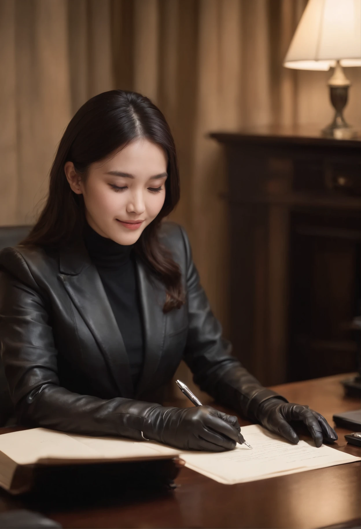 Wearing black leather gloves in both hands, upper body, black business suit, facing the desk in my room with a computer in the dark, looking down and smiling, writing a letter using a fountain pen, black hair bundled in the back for a long time, still young and very cute Japanese female new employee (black leather gloves cover both hands)