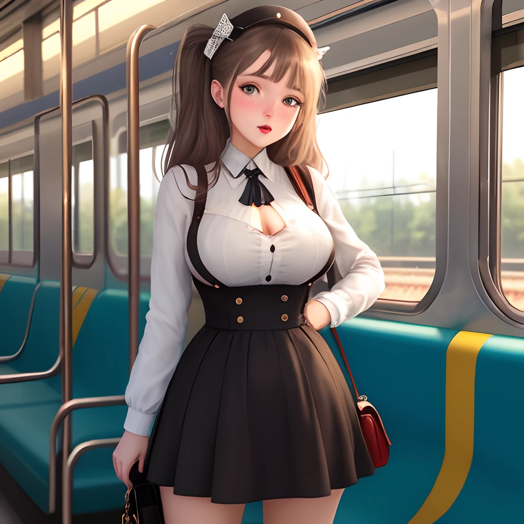 a girl by big tits and dekolte in train