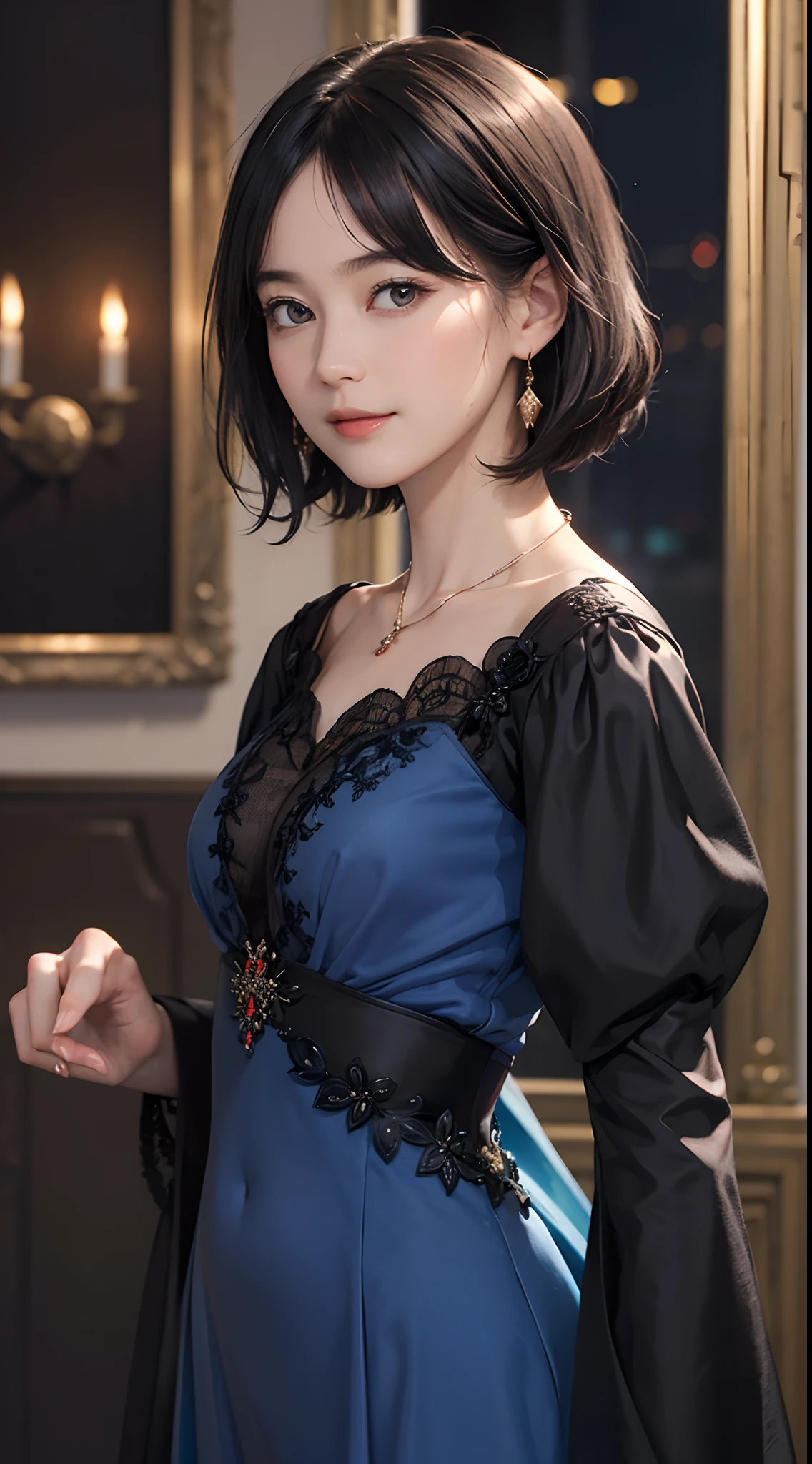 ((1womanl)), (((Black Shorthair))), (masuter piece:1,2)、top-quality、masterpiece、hight resolution、Original、highly detailed wallpaper、dress code、Luxurious necklace, A slight smil、a small face、(Breast)、(Red or blue dress)、Live-action style