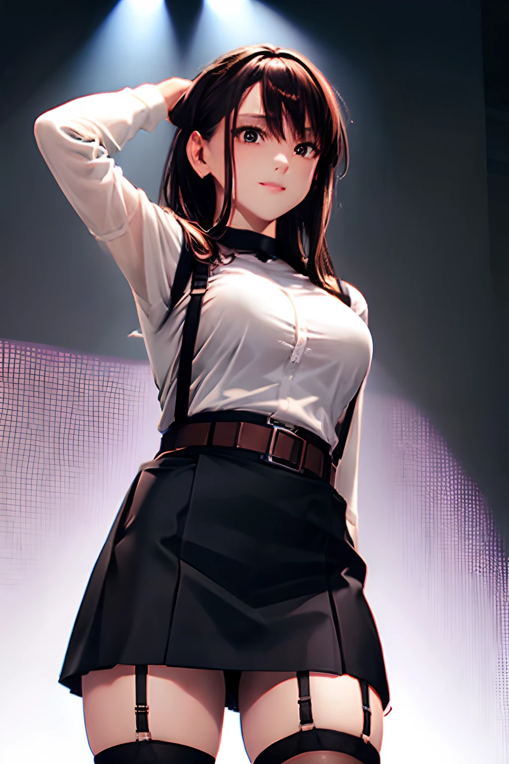 Black skirt, 　suspenders, Brown hair Gray eyes, Garter belt on the legs, Tight black clothes, 　　 a belt　Armpit sweat　　Dark look　Moderately breasts　Holster sweat