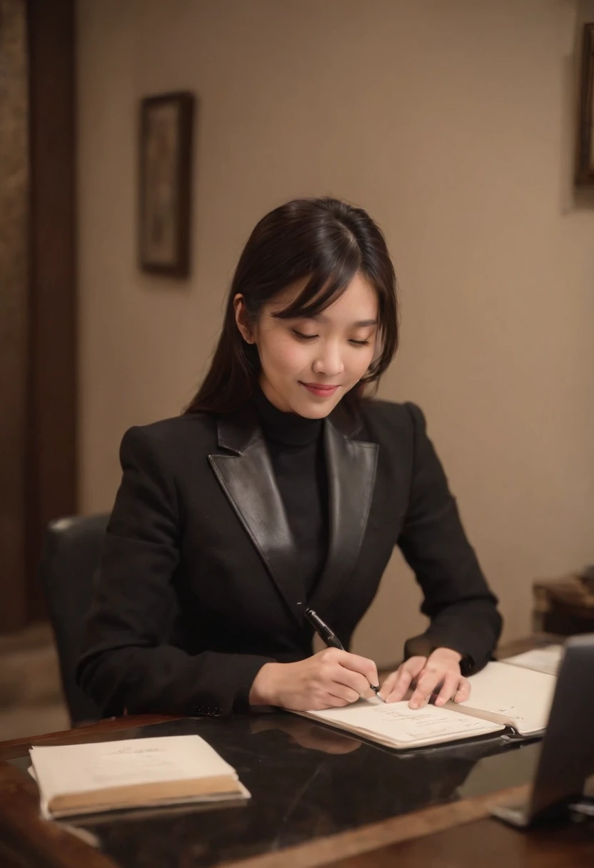 Wearing black leather gloves in both hands, upper body, black business suit, facing the desk in my room with a computer in the dark, looking down and smiling, writing a letter using a fountain pen, black hair bundled in the back for a long time, still young and very cute Japanese female new employee (black leather gloves cover both hands)