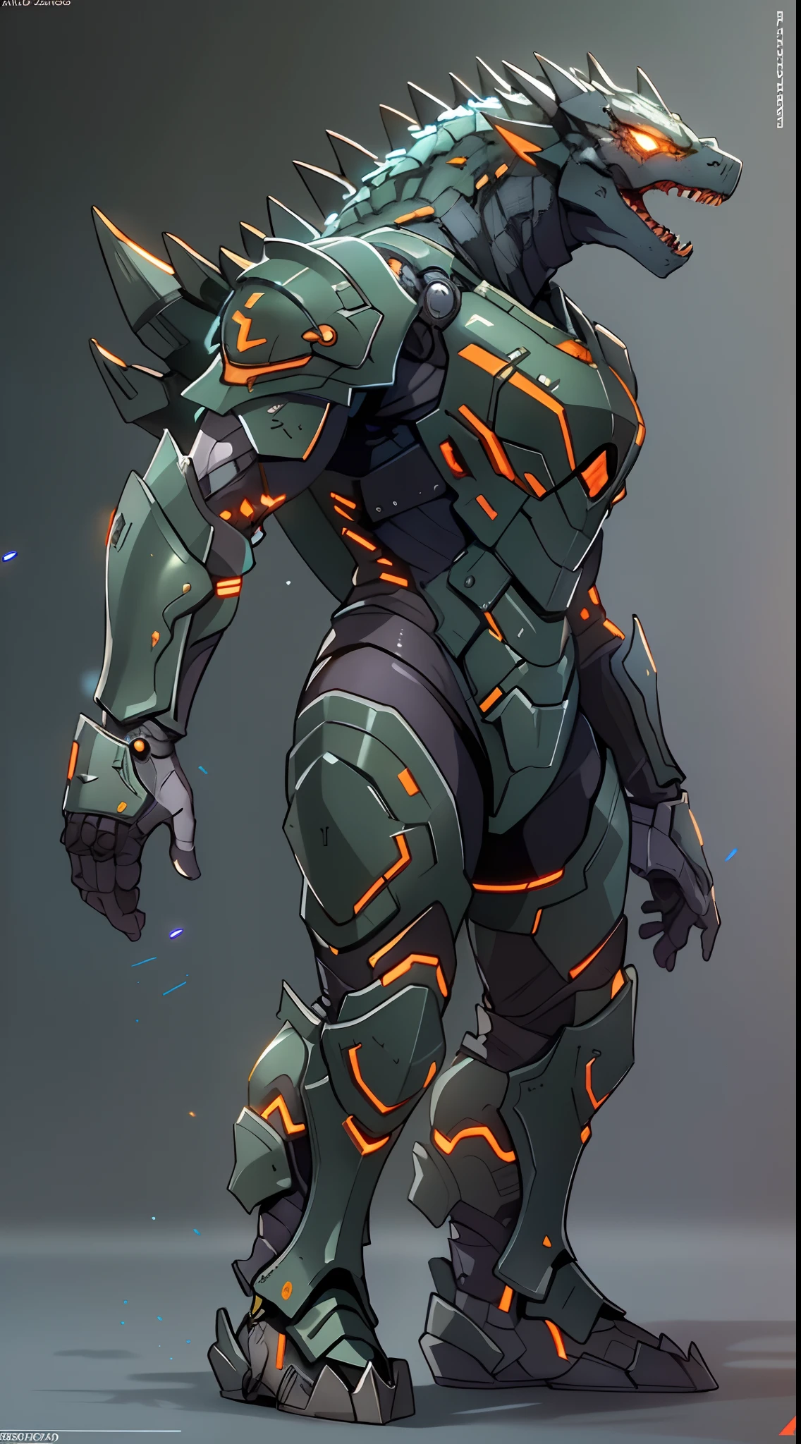 A high-tech combat armor suit inspired by Godzilla concept, Godzilla concept biotech battle armor, (Natural light, professional lighting:1.2, cinematic lighting:1.5, best shadow), (masterpiece:1.5), high definition, best quality, ultra-detailed, extremely delicate, anatomically correct, creativity, RAW photo, unreal engine 5, High-tech armored suits, psychedelic details, BiophyllTech, (add electric power around), fantasy, ultra intricately detailed, Ultra-complex design, A bio-sensitive high-tech battle armor suit infused with Godzilla characteristics, The angular design on the body is illuminated and the display is charging, (energy waves, Energy particles), octane render, perfect images quality, realistic, sure real, full hd, 32k, ((character concept art)), full body character drawing