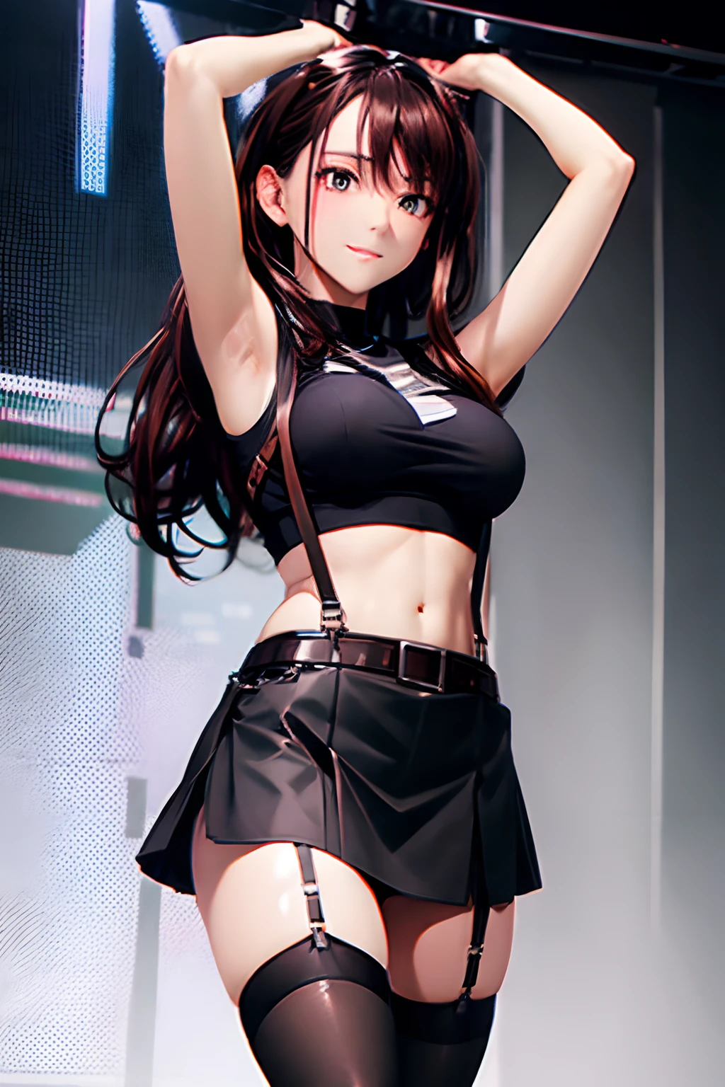 Black skirt, suspenders, Brown hair Gray eyes, Garter belt on the legs, Tight black clothes, a belt Armpit sweat Dark look Moderately breasts holster chain poneyTail