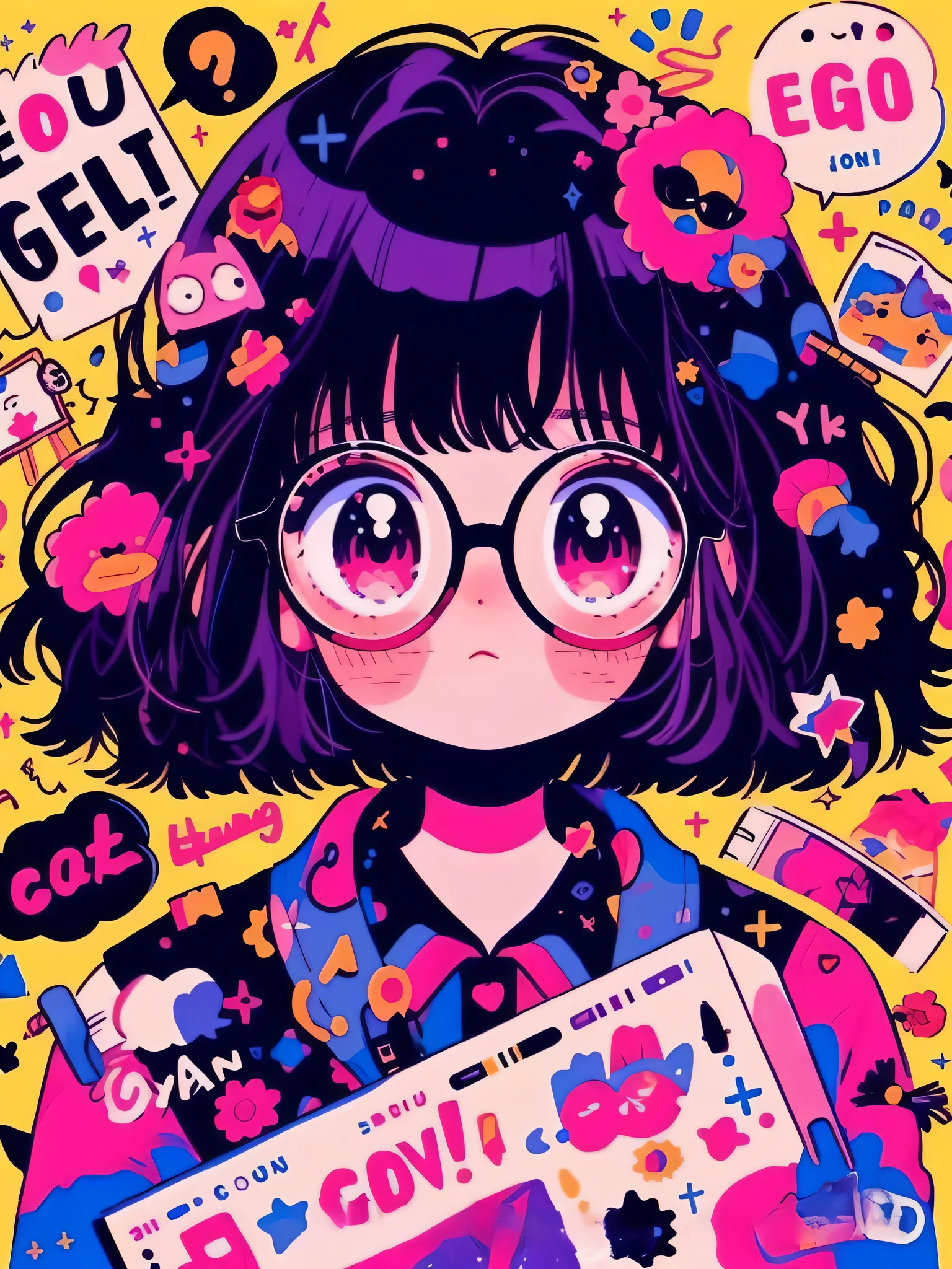 A girl wearing glasses and a pink shirt holds a sign, decora inspired illustrations, lovely art style, Cute detailed digital art, Anime style illustration, Retro anime girl, 8 0 s anime art style, anime vibes, lofi-girl, 9 0 s anime art style, Digital anime illustration, 8 0 s anime vibe, anime graphic illustration, anime moe art style