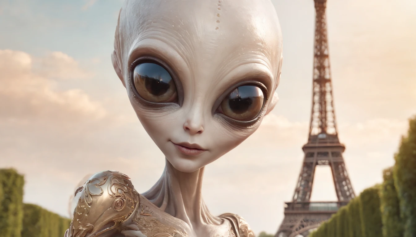portrait, masterpiece, best quality, vector graphics for color printing, full-length,
"cute happy alien glamorous guest", with the Eiffel Tower in the background. large expressive cute happy eyes, fantastic art, space,
Alberto Seveso style illustration, white background, smoke, 16k, masterpiece, realistic, Vibrant colors, UHD, perfect composition, beautiful, detailed composition, complex, detailed octane rendering trending on ArtStation, photorealism, expressive happy eyes, detailed perfect face , Detailed anatomy, Realistic proportions, watercolor, ArtStation Trends