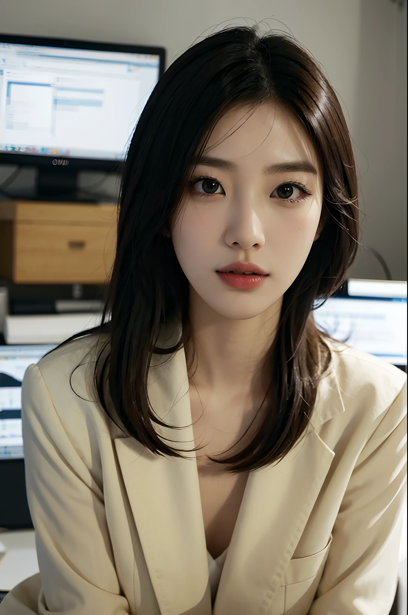 High-res, Realistic portrait of professional korean office lady with perfect skin,Professional suits,Women's suits,stand posture,The upper part of the body,Women in the workplace,Show confidence and maturity, Surrounded by a modern corporate environment, Vibrant and naturally lit highlights. The artwork should emphasize her elegant facial features, Including charming long eyes, Fluttering eyelashes and seductive lips. The scene should be enhanced with elements of professionalism and visual appeal,For example, Stylish work desk, Mainframe computers, High-resolution display, and complex stationery. The overall tone should be warm and professional, Has a soft and natural color palette. The artwork should exude a sense of professionalism, Success, and cultural pride,The background is blurred out