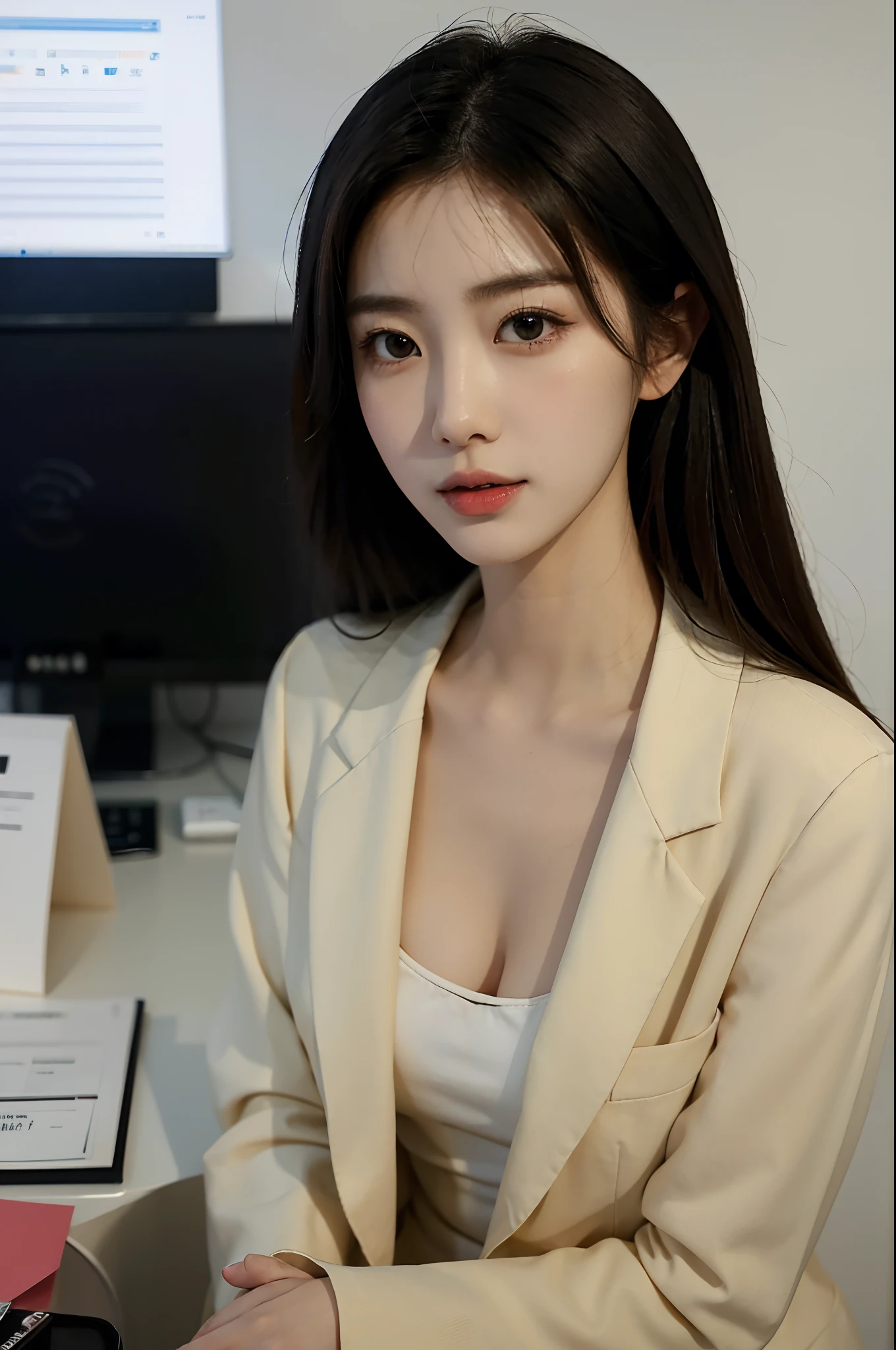 High-res, Realistic portrait of professional korean office lady with perfect skin，Professional suits，Women's suits，stand posture，The upper part of the body，Women in the workplace，Show confidence and maturity, Surrounded by a modern corporate environment, Vibrant and naturally lit highlights. The artwork should emphasize her elegant facial features, Including charming long eyes, Fluttering eyelashes and seductive lips. The scene should be enhanced with elements of professionalism and visual appeal，For example, Stylish work desk, Mainframe computers, High-resolution display, and complex stationery. The overall tone should be warm and professional, Has a soft and natural color palette. The artwork should exude a sense of professionalism, Success, and cultural pride，The background is blurred out