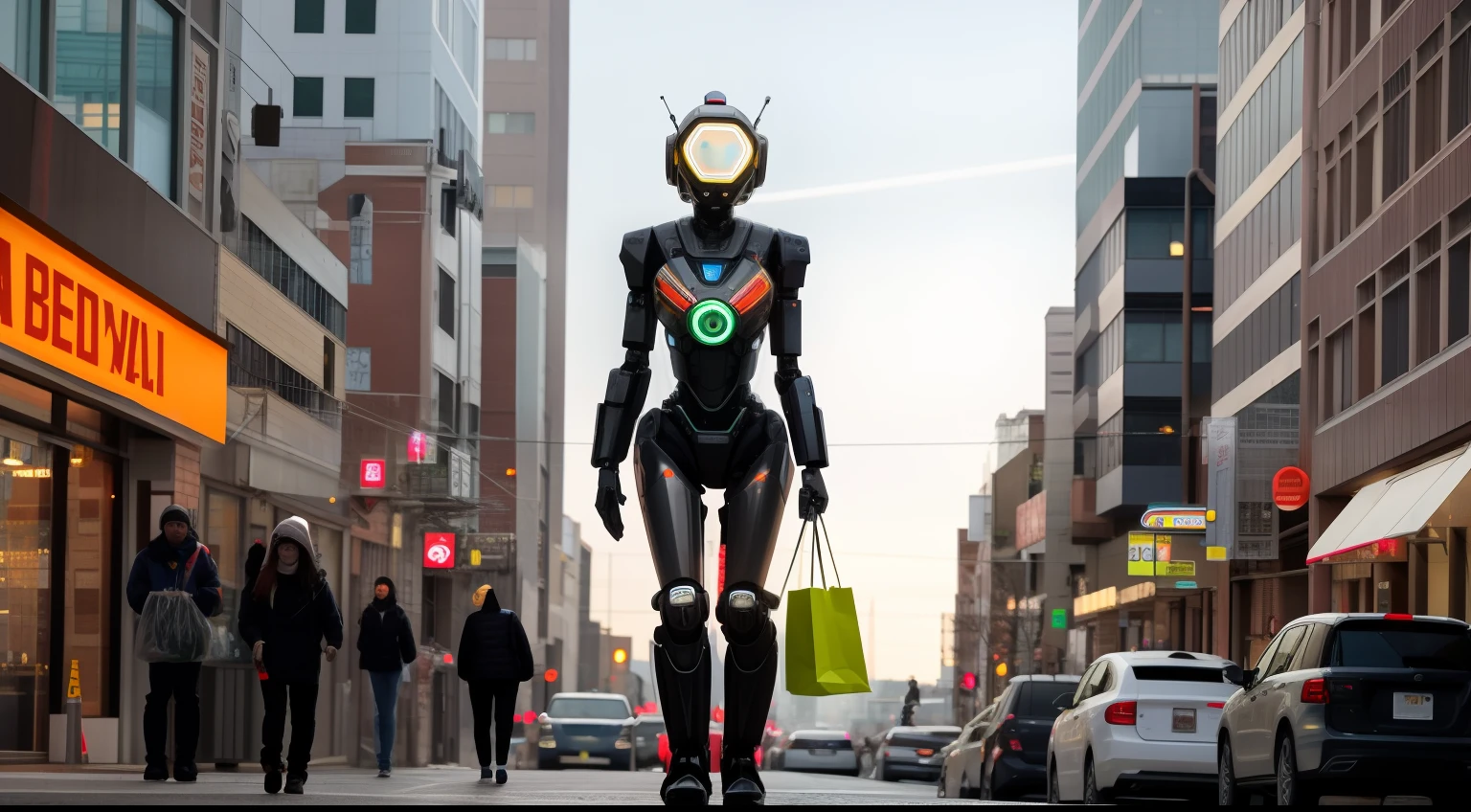 [Award-winning photo portrait，A female robot carrying a shopping bag stands outside a bustling city street:Winning photo of the Chrome Boston Dynamics robot, Lights neon:0.31，Cidade futuristica，cyber punk perssonage]
