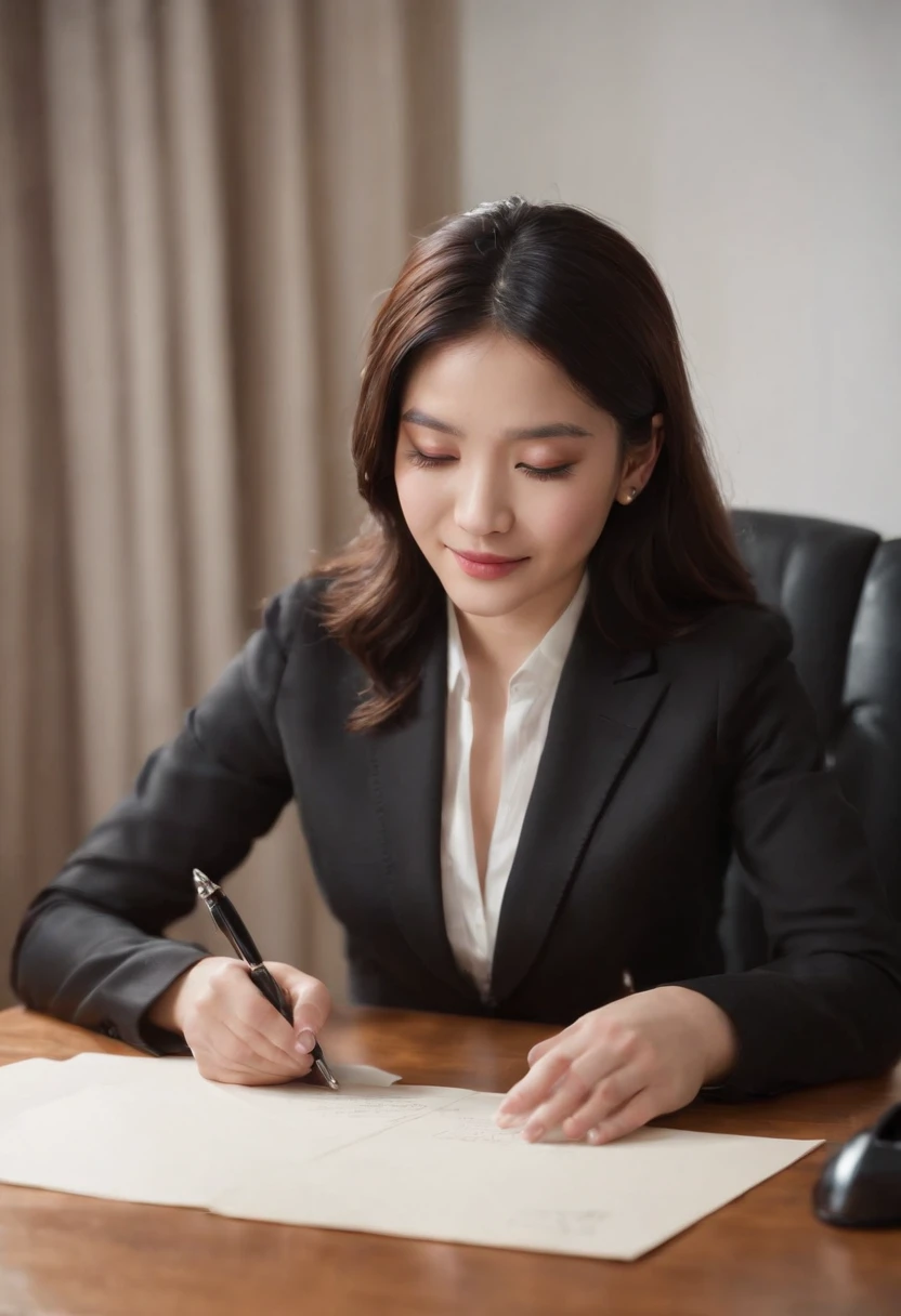 Wearing black leather gloves in both hands, upper body, black business suit, facing the desk in my room with a computer in the dark, looking down and smiling, writing a letter using a fountain pen, black hair bundled in the back for a long time, still young and very cute Japanese female new employee (black leather gloves cover both hands)