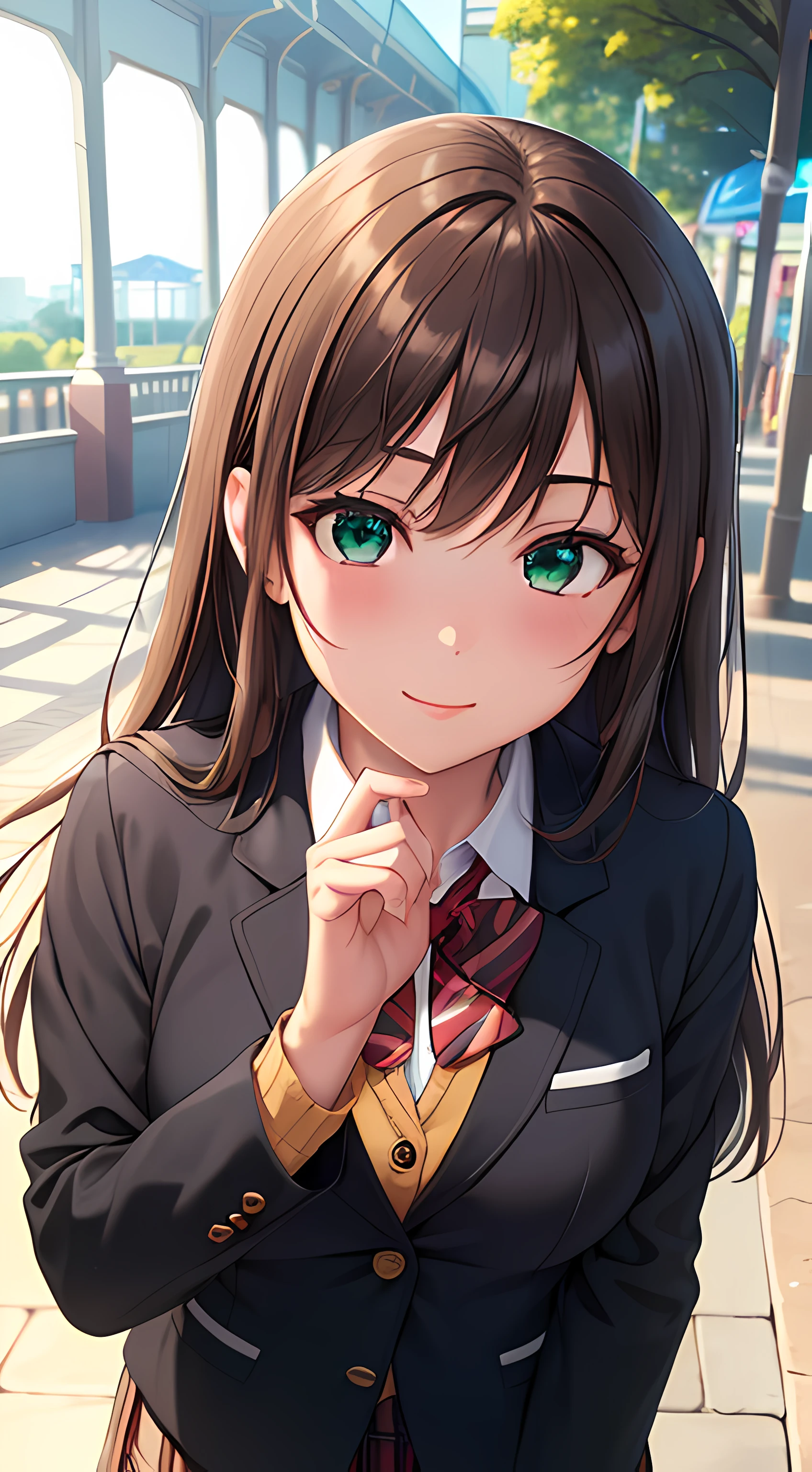 ((masterpiece, best quality, highres, UHD, perfect pixel, depth of field, 4k, RTX, HDR))), 1girl, single, solo, beautiful anime girl, beautiful artstyle, anime character, ((long hair, bangs, brown hair)), ((green eyes:1.4, rounded eyes, beautiful eyelashes, realistic eyes)), ((detailed face, blushing:1.2)), ((smooth texture:0.75, realistic texture:0.65, photorealistic:1.1, anime CG style)), medium breasts, dynamic angle, perfect body, ((portrait, pov)), ((red bowtie, school uniform, black jacket, open jacket, brown cardigan, white shirt, black skirt, plaid skirt)), smile, ((hands up, hand touches cheek)), amusement park
