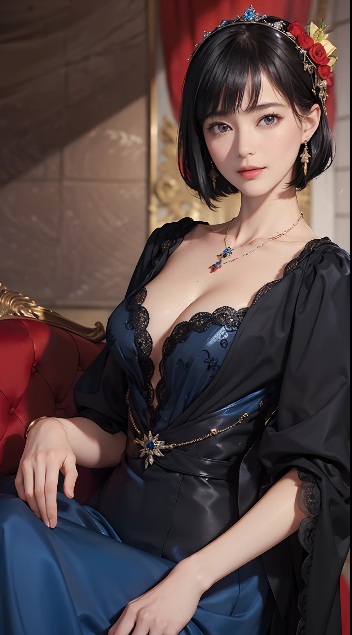 ((1womanl)),  (((Black Shorthair))), （masuter piece：1,2）、top-quality、​masterpiece、hight resolution、Original、highly detailed wallpaper、dress code、Luxurious necklace, A slight smil、a small face、(Breast)、(Red or blue dress)、Live-action style