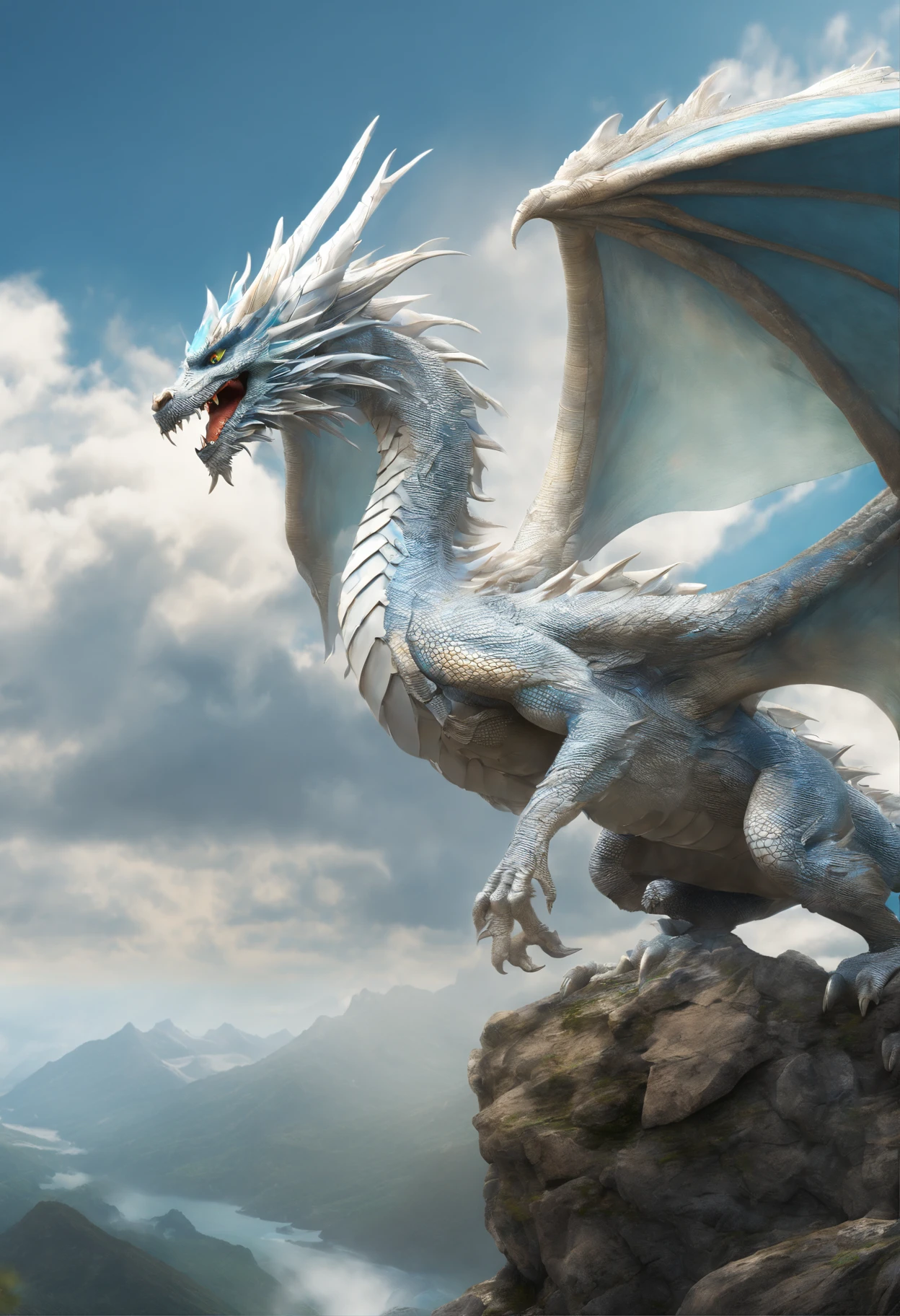 Arafed white dragon with blue wings on a rock in the mountains - SeaArt AI