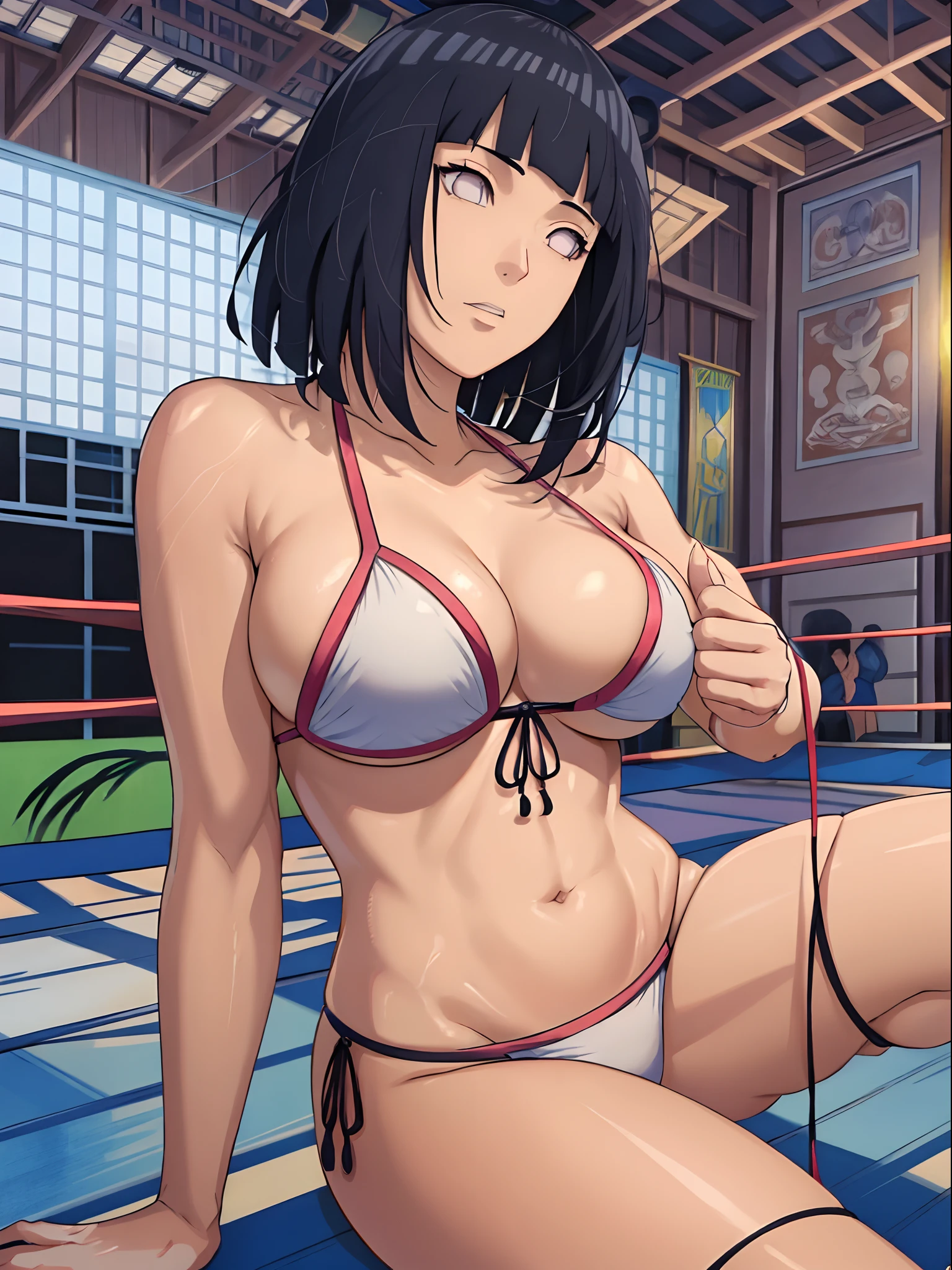 (WALLPAPER,  (hinata\(boruto\), (((1 girl, white string bikini, defeated wrestler))), masterpiece, 4k, vector coloring, fully body view, (scene of girl laying down), (high color saturation), contrast lighting, mature female, (curvy:0.8), solo, anime style, sharp focus, professional artwork, intricate details, colorful, vibrant colors, vivid colors, digital blending, ultra detailed body, ultra detail hair, ultra detail face, trending on pixiv, very hot colors, (((wrestling stage, indoors))), detailed bold arm lines, high color saturation, bold lines, bold drawing lines), (head tilt), open mouth),
((dark blue hair color:1.1), wavy hair, ((short hair, hime cut)),
(white skin, (fair skin), slender body, milf, perfect face),
(legs, big breasts, off-shoulders, (detailed shoulders, detailed arm lines)), 
(bare shoulders, bare legs),