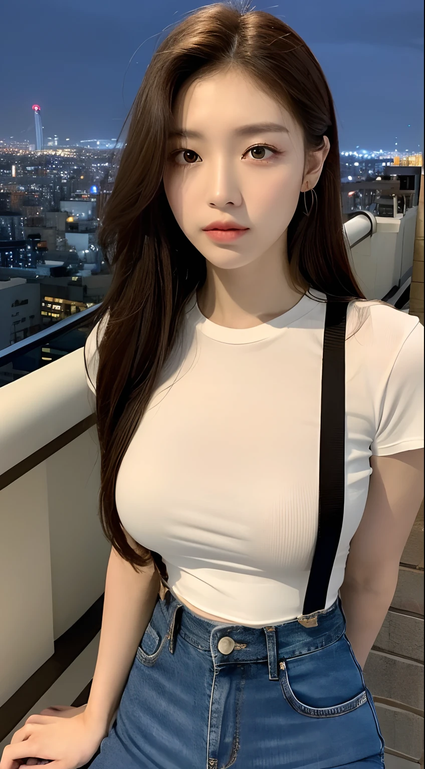 ((Midnight, Best quality, 8k, Masterpiece :1.3)), Whole body, Long legs, Sharp focus :1.2, A pretty woman with perfect figure :1.4, Slender abs :1.1, ((Dark brown hair, Big breasts :1.2)), (White tight tshirt, Jean bib, Standing:1.2), ((Night city view, Rooftop:1.3)), Highly detailed face and skin texture, Detailed eyes, Double eyelid