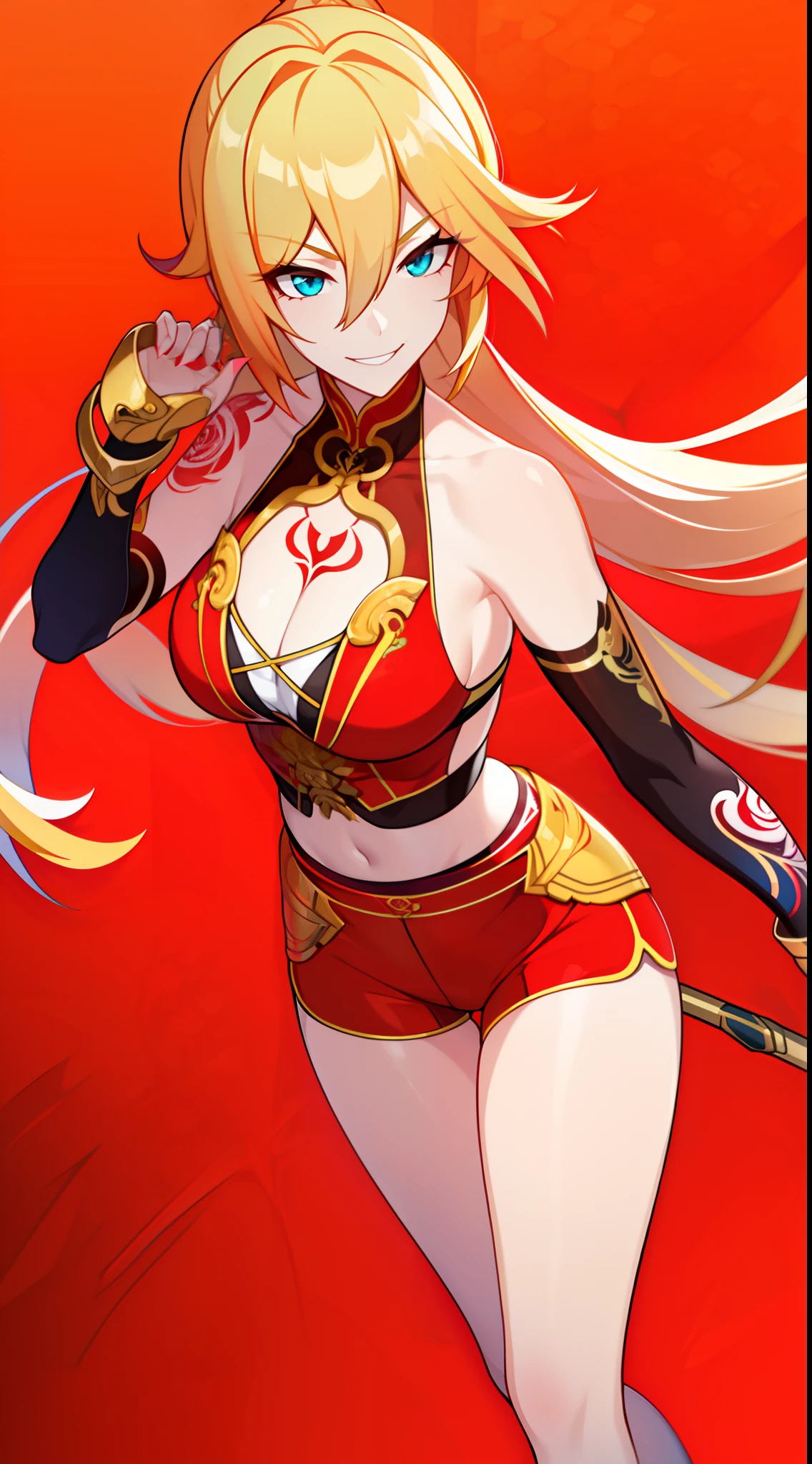 young girl, longue blonde hair, Hairpin with a bundle, turquoise eyes, Yakuza tattoos, red tight uniform, Sleeveless, Wide neckline on the chest to the abdomen, Gold Elements, Red gold armor, Shorts, claws, smirk, Masterpiece, hiquality, 4k, HD, Good detail