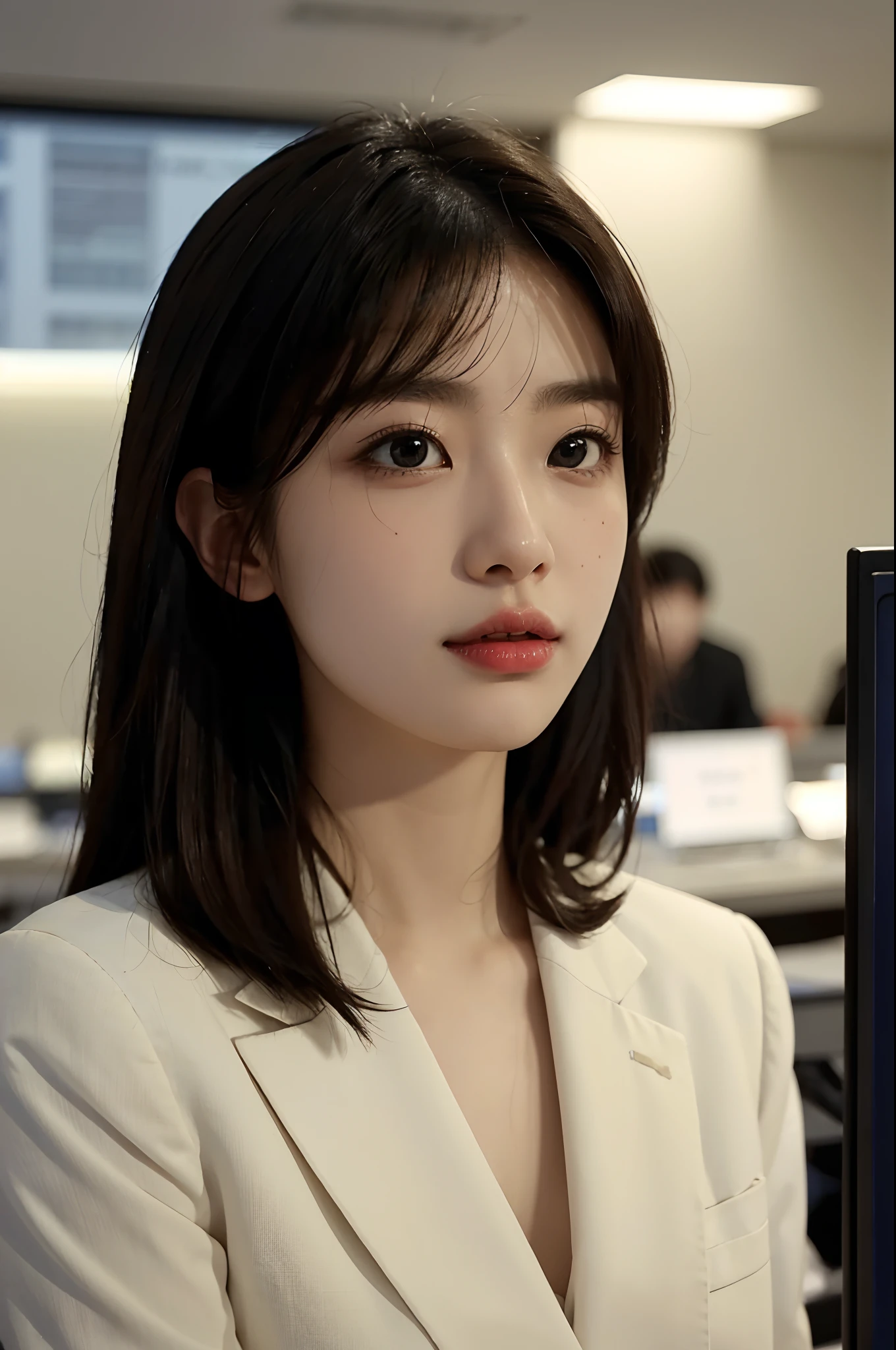 High-res, Realistic portrait of professional korean office lady with perfect skin，Professional suits，Women's suits，stand posture，The upper part of the body，Women in the workplace，Show confidence and maturity, Surrounded by a modern corporate environment, Vibrant and naturally lit highlights. The artwork should emphasize her elegant facial features, Including charming long eyes, Fluttering eyelashes and seductive lips. The scene should be enhanced with elements of professionalism and visual appeal，For example, Stylish work desk, Mainframe computers, High-resolution display, and complex stationery. The overall tone should be warm and professional, Has a soft and natural color palette. The artwork should exude a sense of professionalism, Success, and cultural pride，The background is blurred out