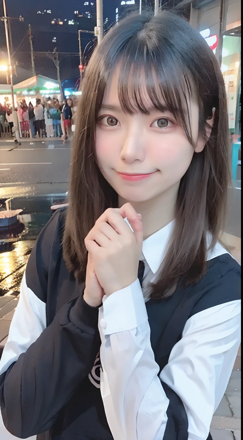 Best Quality, 23years old,Raw photo, Smile, Night, neons, Idol face, A dark-haired,bobhair,Digital SLR, Looking at Viewer, Candid, Sophisticated, Thin arms, Professional Lighting,, chromatic abberation, (Eyes and faces with detailed:1.0), (Bokeh:1.1)