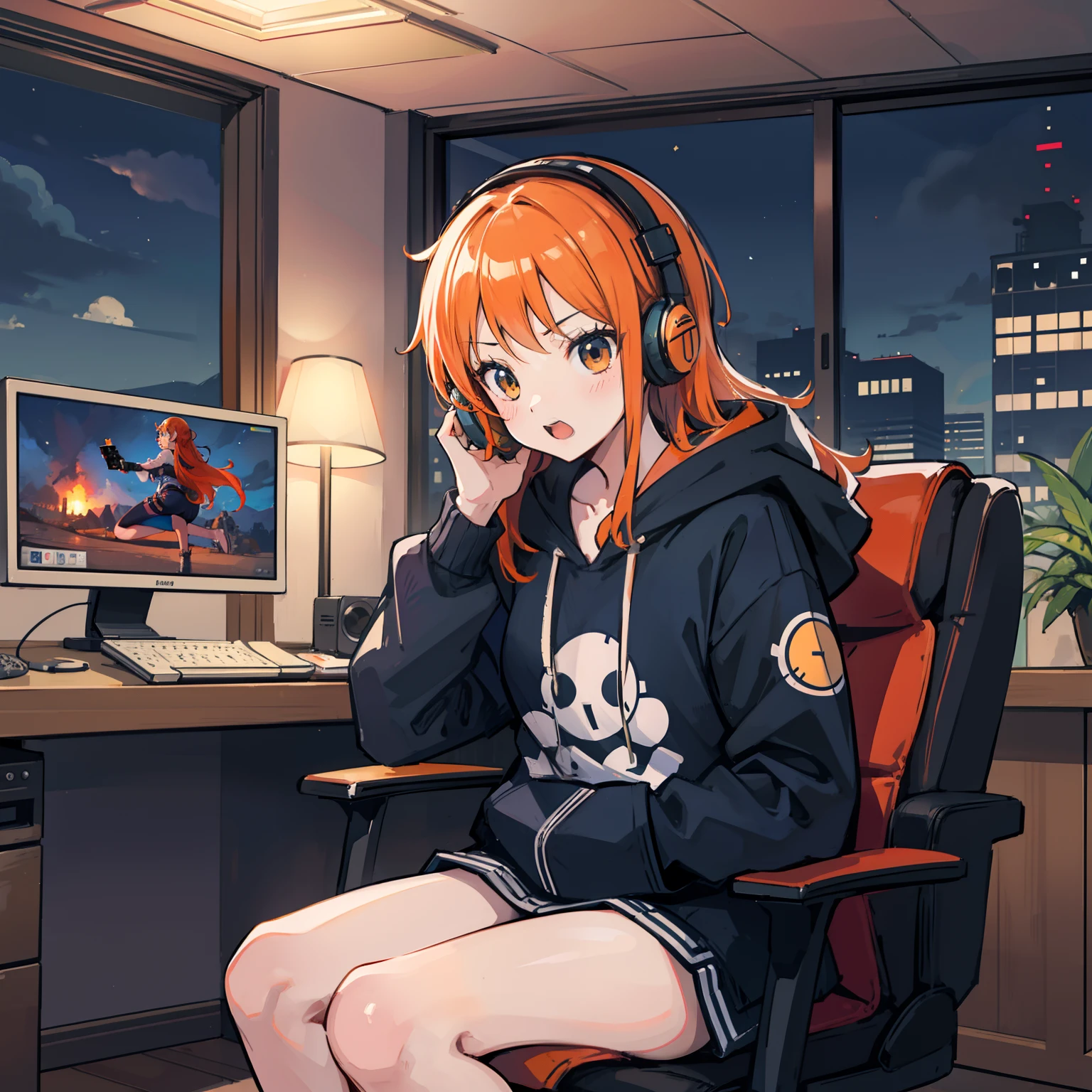 view straight on,Front Angle、masutepiece, Fine detail, 4K, 8K, 12K, Solo, One Person, Beautiful Girl, caucasian female, Nami of one piece, Orange hair, Game Controller, Indoors, Room, Own room, a computer, Playing games, Hoodie、darkened room、headphones、astonished face、Opening Mouth、nigh sky、sit a chair、sit a chair、nigh sky