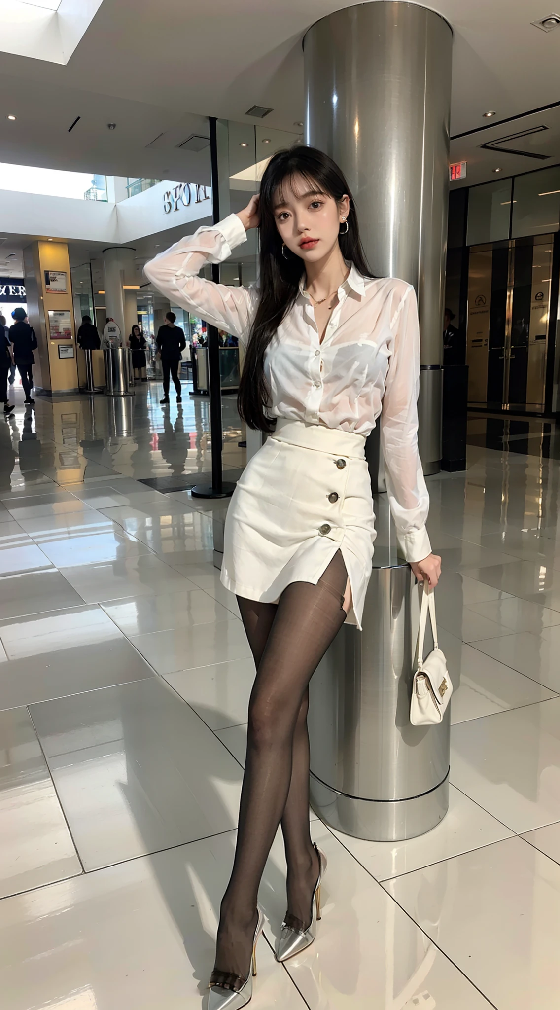 Single ball head，Heavy makeup，Stiletto heels，Transparent colorless flesh-colored flesh-colored pantyhose，ear studs，Long legs，shirt，Skirt that wraps hips，At the entrance of the mall，tying  hair，By bangs