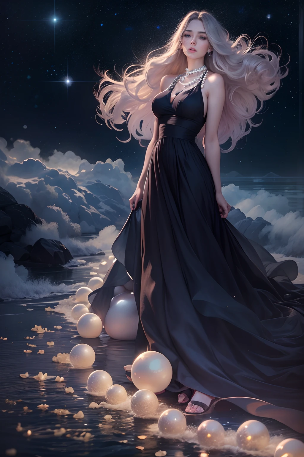 25 years old woman, big breasts beautiful, long whitr hair, facing at camera, Wear a long black dress, Wear a pearl necklace,Full body photo, The background is nightfall,starrysky.