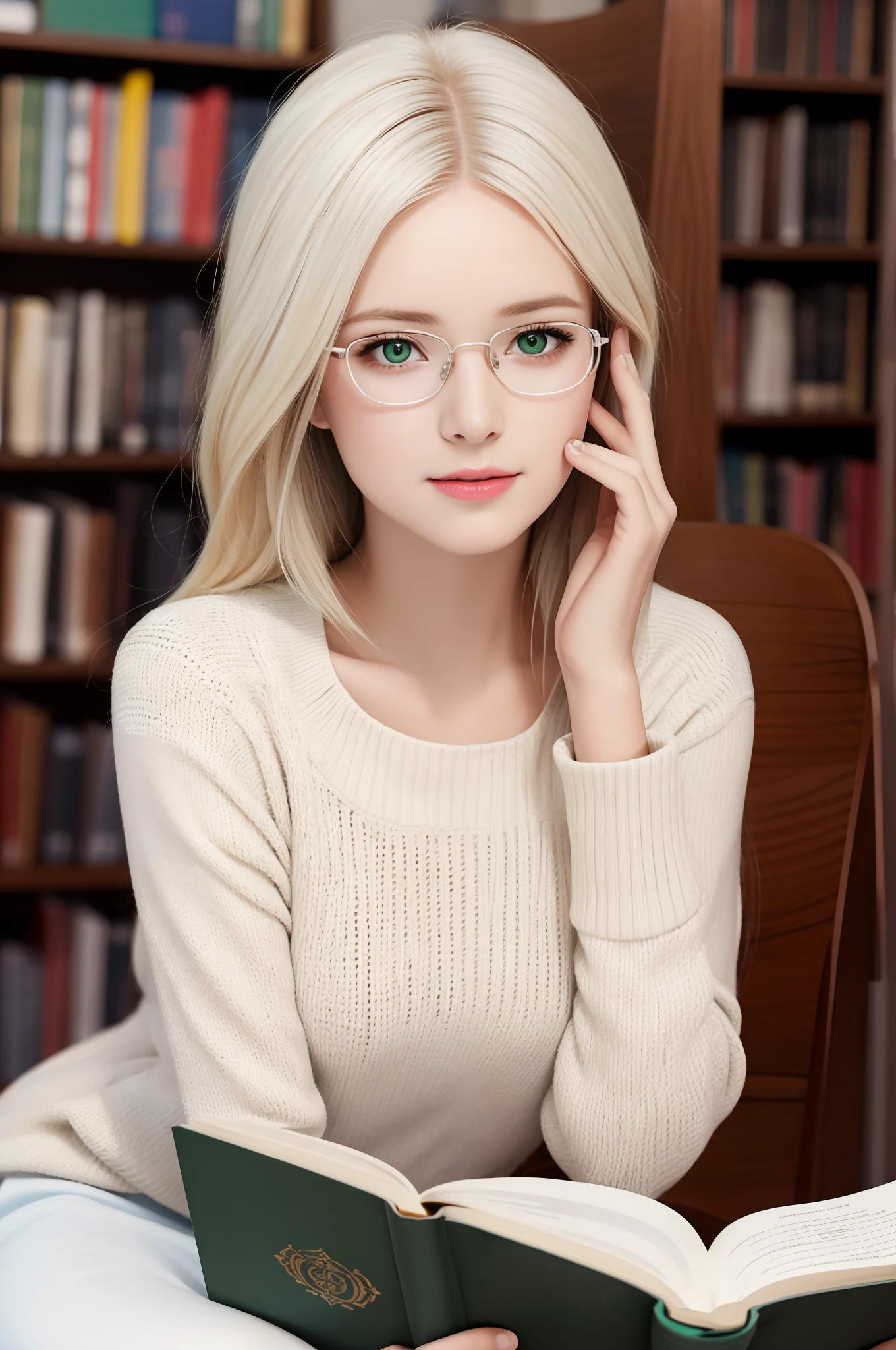 (best quality, ultra-detailed), a girl reading a textbook, beautiful detailed eyes, (green eyes:1.2), beautiful detailed lips, longeyelashes, studying, a quiet library, soft natural lighting, bookshelves filled with books, curled up on a cozy armchair, reading glasses, concentrated expression, flowing hair, (white hair:1.3), plaid skirt and bluesky sweater, high-res image, vivid colors, ultra-realistic, photorealistic, photograph, photogenic, bokeh.