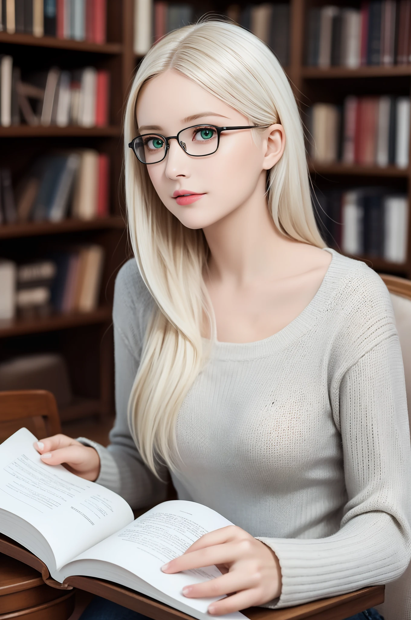 (best quality, ultra-detailed), a girl reading a textbook, beautiful detailed eyes, (green eyes:1.2), beautiful detailed lips, longeyelashes, studying, a quiet library, soft natural lighting, bookshelves filled with books, curled up on a cozy armchair, reading glasses, concentrated expression, flowing hair, (white hair:1.3), plaid skirt and bluesky sweater, high-res image, vivid colors, ultra-realistic, photorealistic, photograph, photogenic, bokeh.