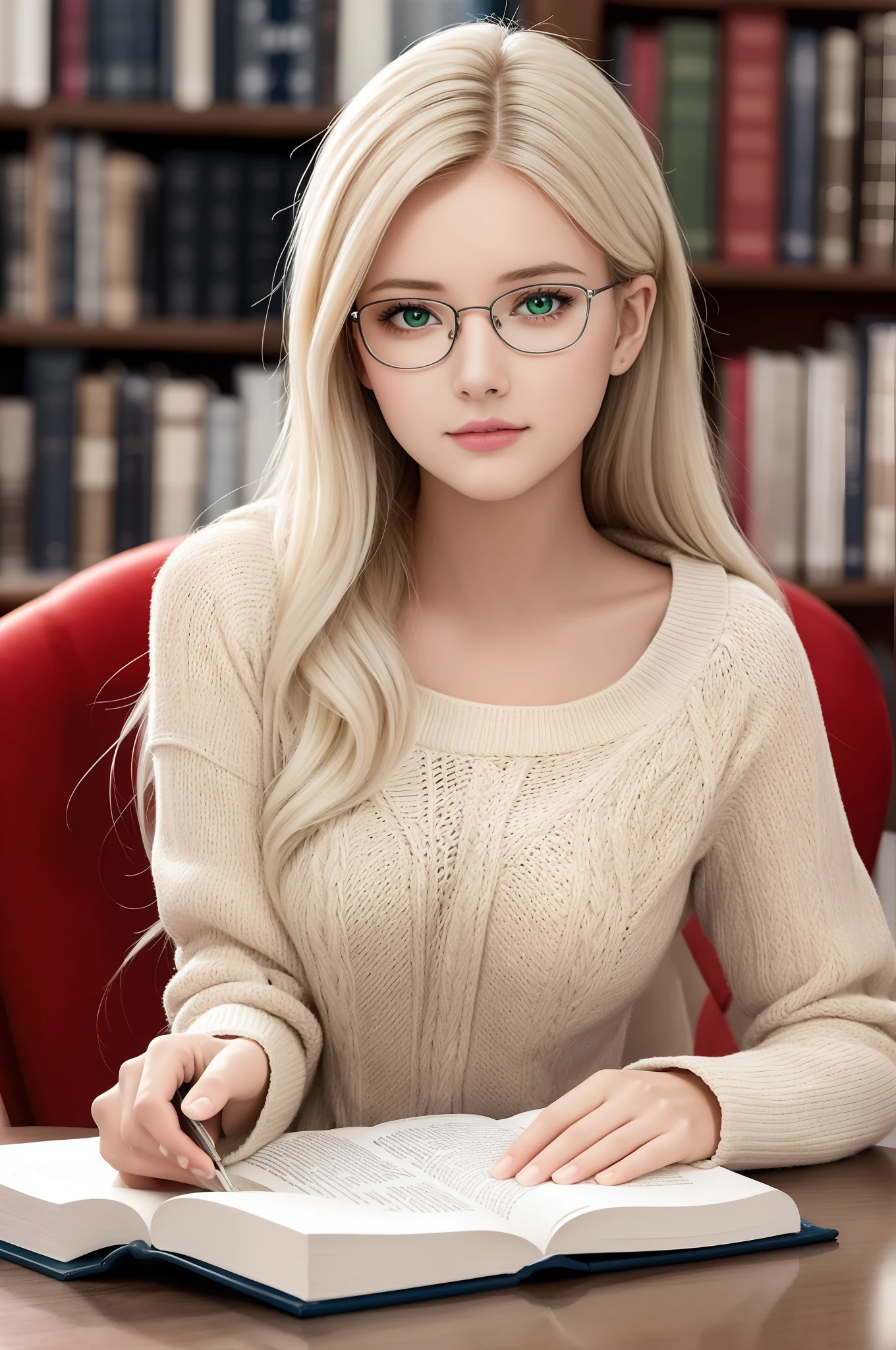 (best quality, ultra-detailed), a girl reading a textbook, beautiful detailed eyes, (green eyes:1.2), beautiful detailed lips, longeyelashes, studying, a quiet library, soft natural lighting, bookshelves filled with books, curled up on a cozy armchair, reading glasses, concentrated expression, flowing hair, (white hair:1.3), plaid skirt and bluesky sweater, high-res image, vivid colors, ultra-realistic, photorealistic, photograph, photogenic, bokeh.