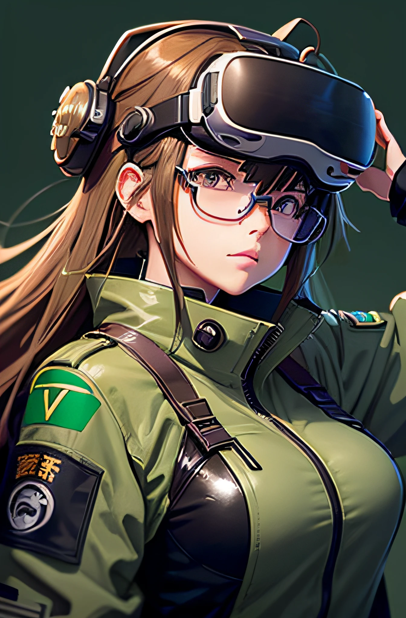 Wearing very big futuristic VR goggles on his head、Female Inventor, hair color is brown,、Tied into one, eyes are big、It has a light brown color, Large black-rimmed glasses, Freckles on the cheeks, Please wear an army green color flight jacket ,Modern anime style, anime style illustration, By Shinkai Makoto ( Apex Legends ), digital anime illustration,