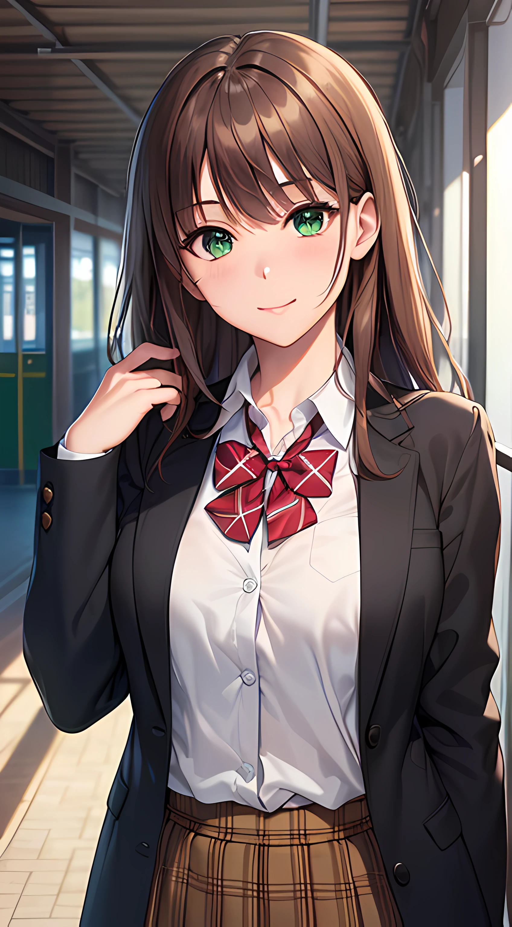 ((masterpiece, best quality, highres, UHD, perfect pixel, depth of field, 4k, RTX, HDR))), 1girl, single, solo, beautiful anime girl, beautiful artstyle, anime character, ((long hair, bangs, brown hair)), ((green eyes:1.4, rounded eyes, beautiful eyelashes, realistic eyes)), ((detailed face, blushing:1.2)), ((smooth texture:0.75, realistic texture:0.65, photorealistic:1.1, anime CG style)), medium breasts, dynamic angle, perfect body, ((portrait, pov)), ((red bowtie, school uniform, black jacket, open jacket, brown cardigan, white shirt, black skirt, plaid skirt)), smile, ((hands up, hand touches cheek)), amusement park