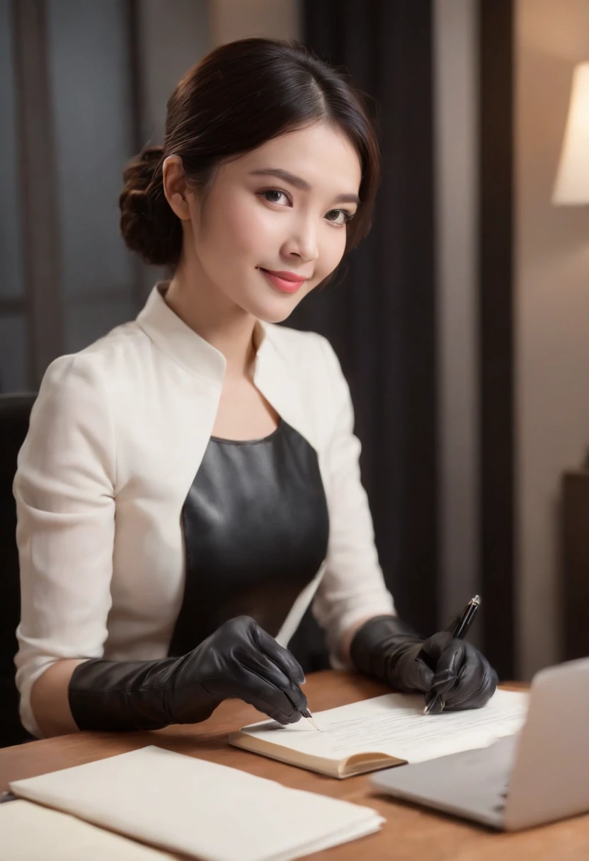 Wearing black leather gloves in both hands, upper body, black business suit, facing the desk in my room with a computer in the dark, looking down and smiling, writing a letter using a fountain pen, black hair bundled in the back for a long time, still young and very cute Japanese female new employee (black leather gloves cover both hands)