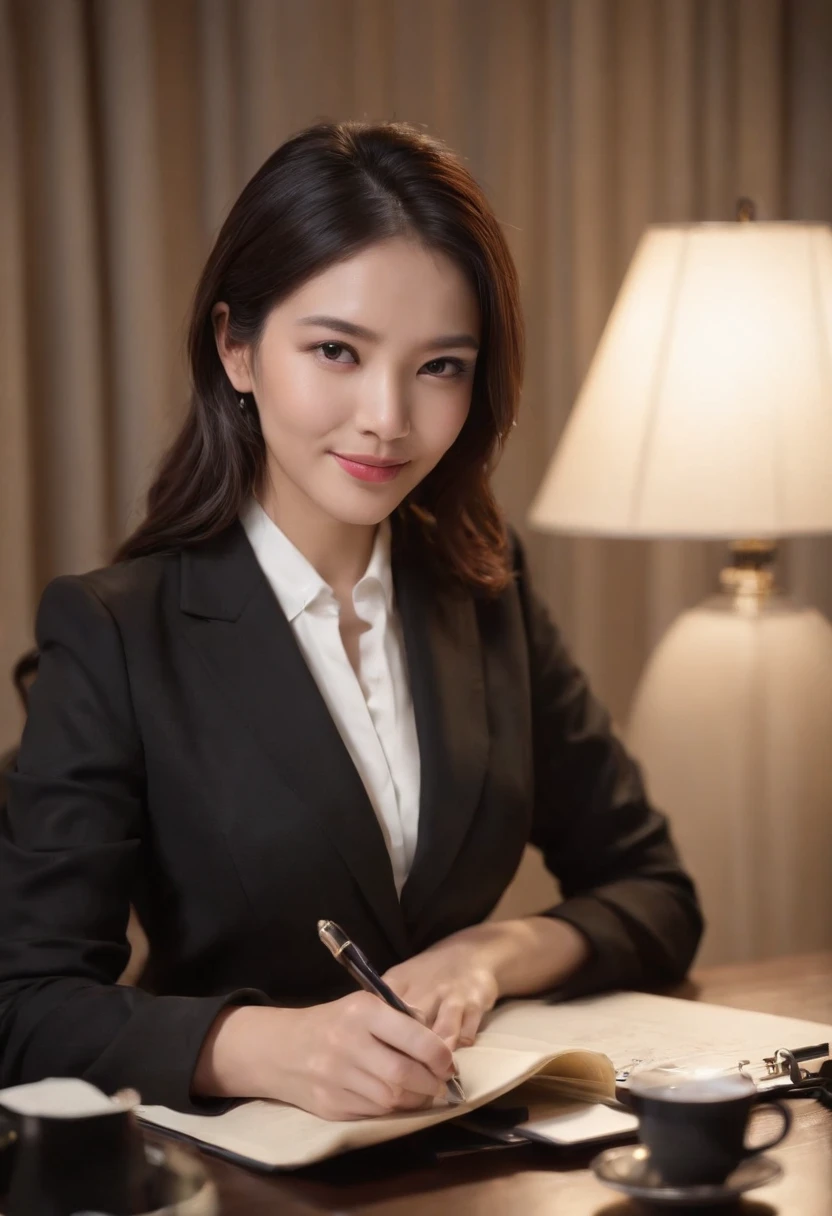 Wearing black leather gloves in both hands, upper body, black business suit, facing the desk in my room with a computer in the dark, looking down and smiling, writing a letter using a fountain pen, black hair bundled in the back for a long time, still young and very cute Japanese female new employee (black leather gloves cover both hands)